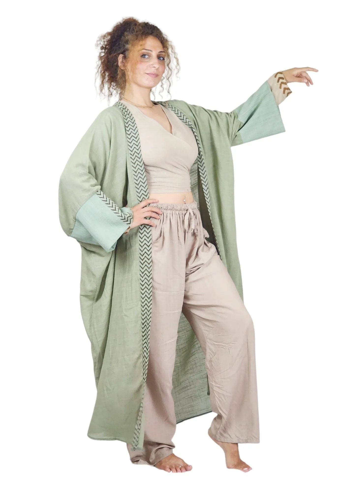 Raw Cotton Green Sage Long Kimono