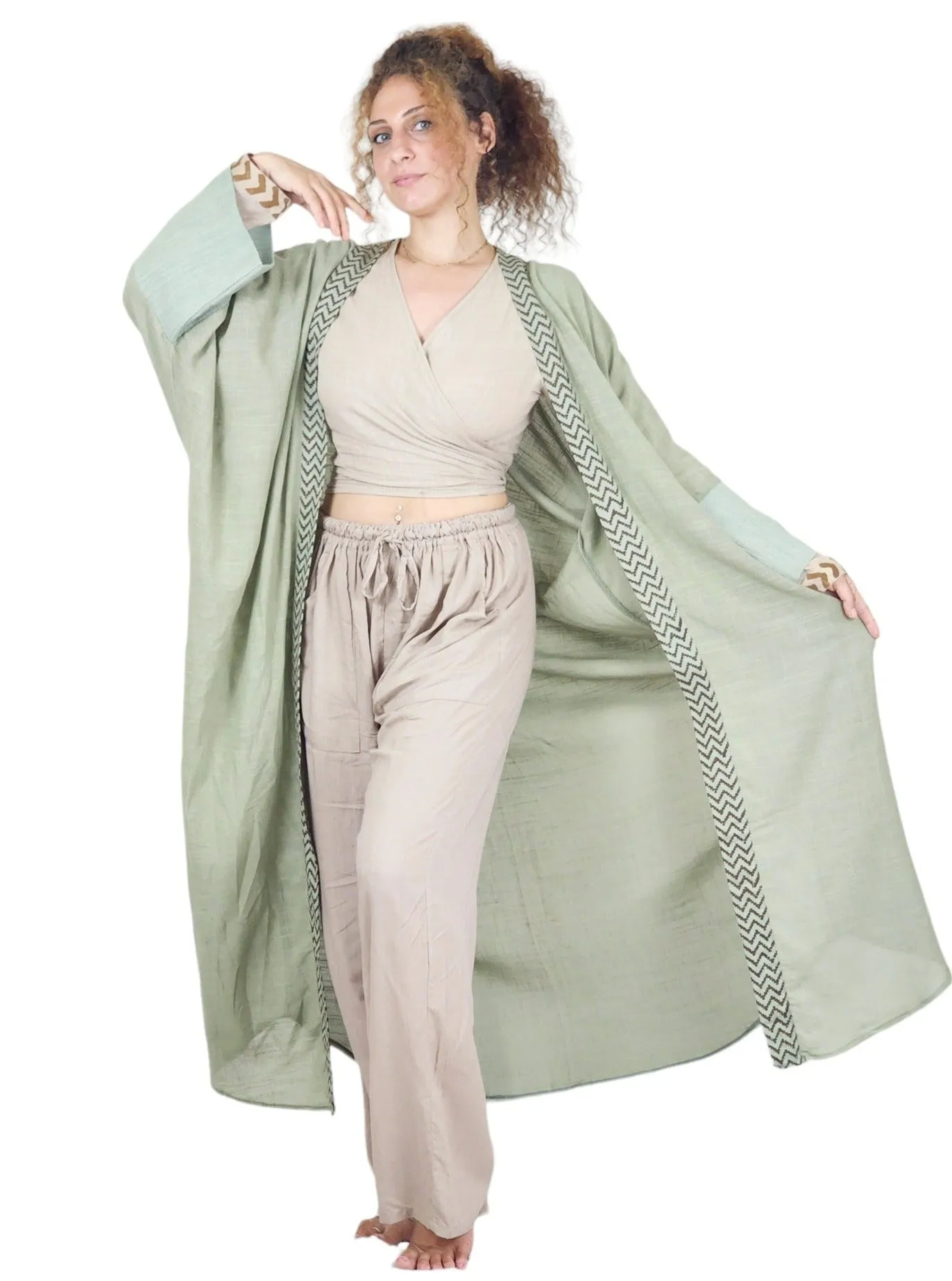 Raw Cotton Green Sage Long Kimono