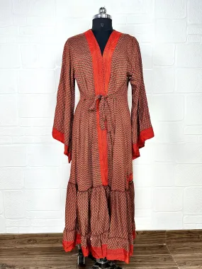 Recycle Boho House Robe Kimono Vintage Silk Sari Dressing Gown, Beach Coverup, Bridesmaid, Anniversary Gift Her | Motiff Print Orange