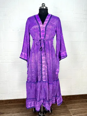 Recycle Boho House Robe Kimono Vintage Silk Sari Dressing Gown, Beach Coverup, Bridesmaid, Anniversary Gift Her | Purple