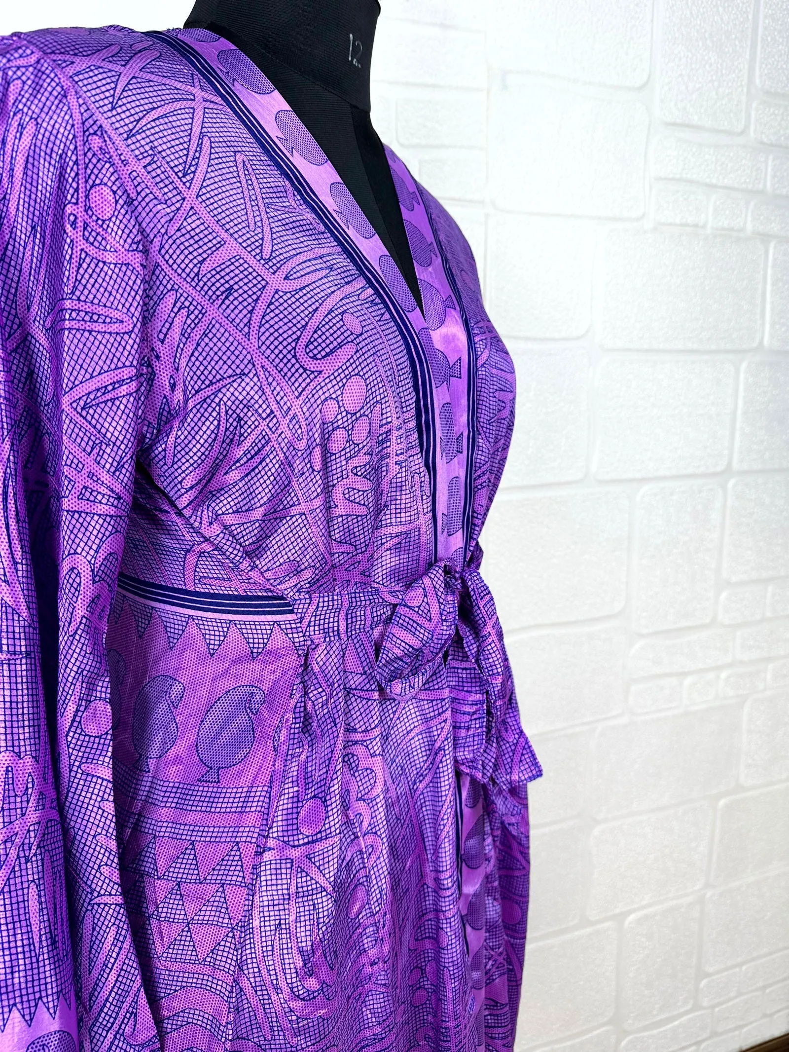 Recycle Boho House Robe Kimono Vintage Silk Sari Dressing Gown, Beach Coverup, Bridesmaid, Anniversary Gift Her | Purple