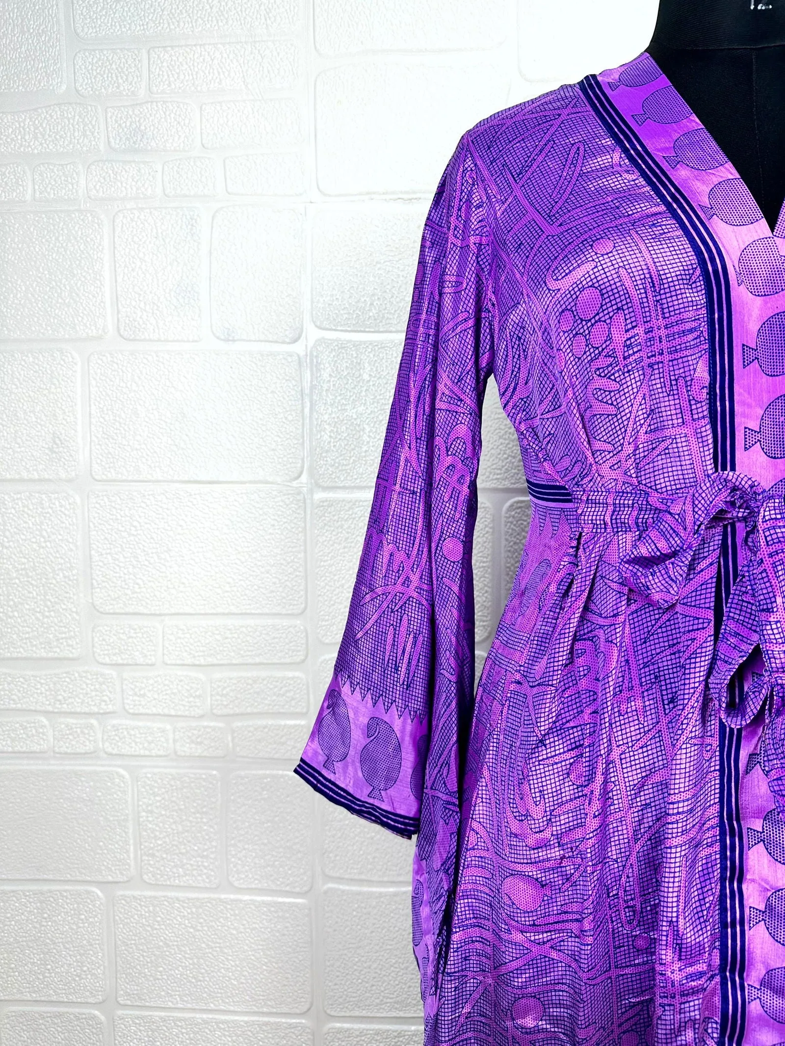 Recycle Boho House Robe Kimono Vintage Silk Sari Dressing Gown, Beach Coverup, Bridesmaid, Anniversary Gift Her | Purple