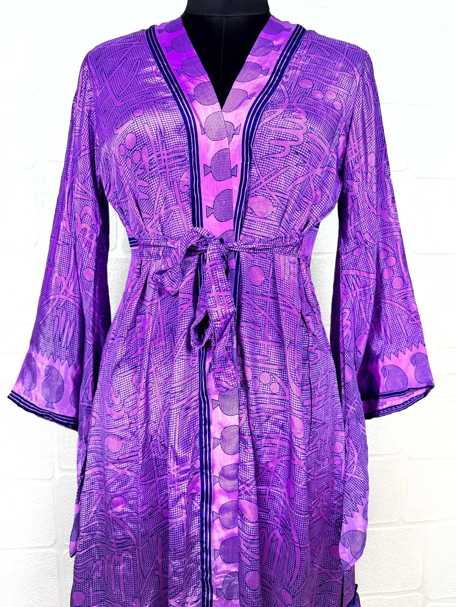 Recycle Boho House Robe Kimono Vintage Silk Sari Dressing Gown, Beach Coverup, Bridesmaid, Anniversary Gift Her | Purple