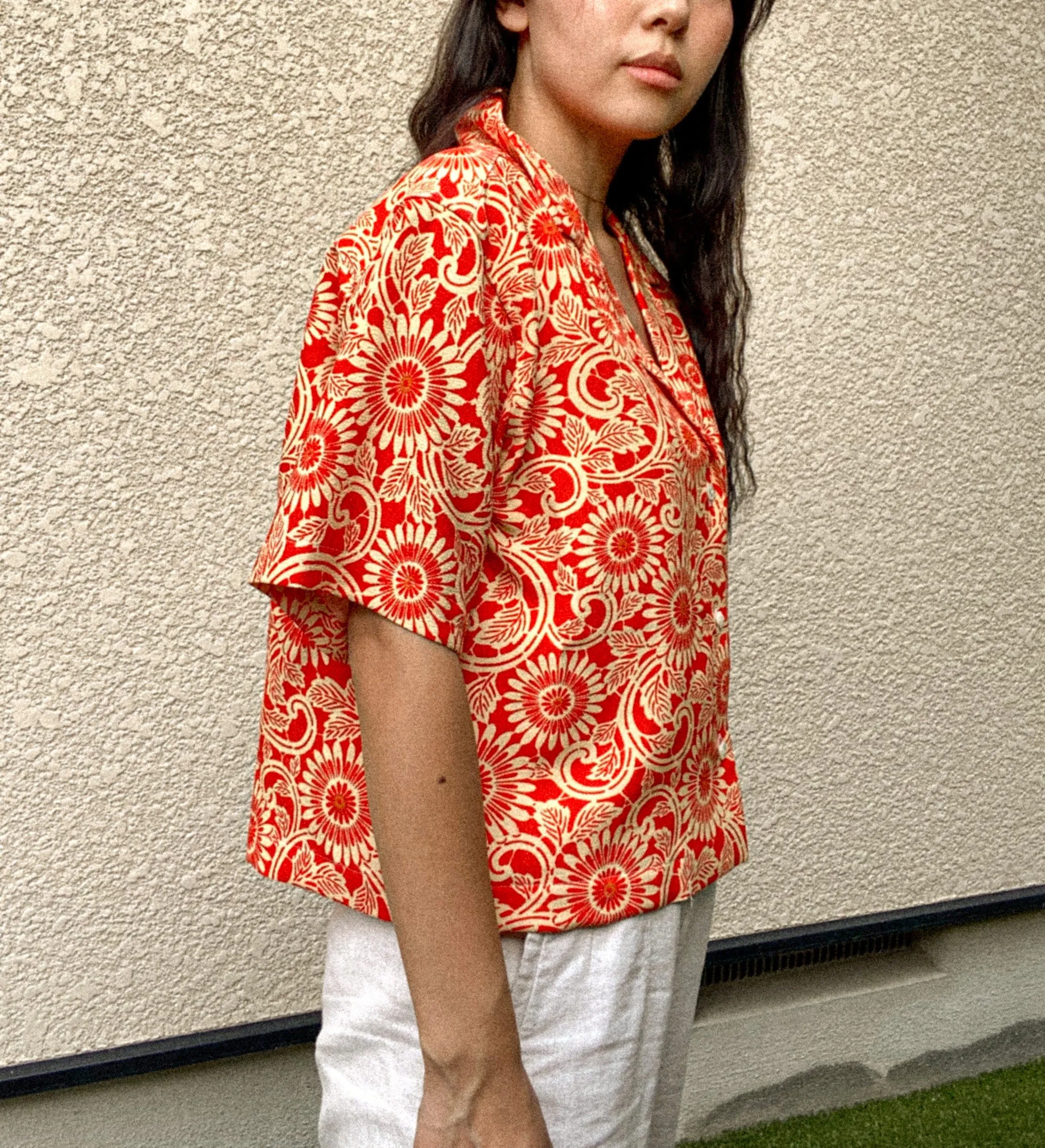 Red Flower-Crop Kimono Hawaiian Shirt