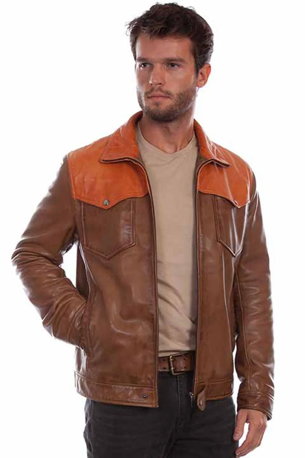 Scully Mens Western Contrast Saddle Tan Leather Leather Jacket 4X