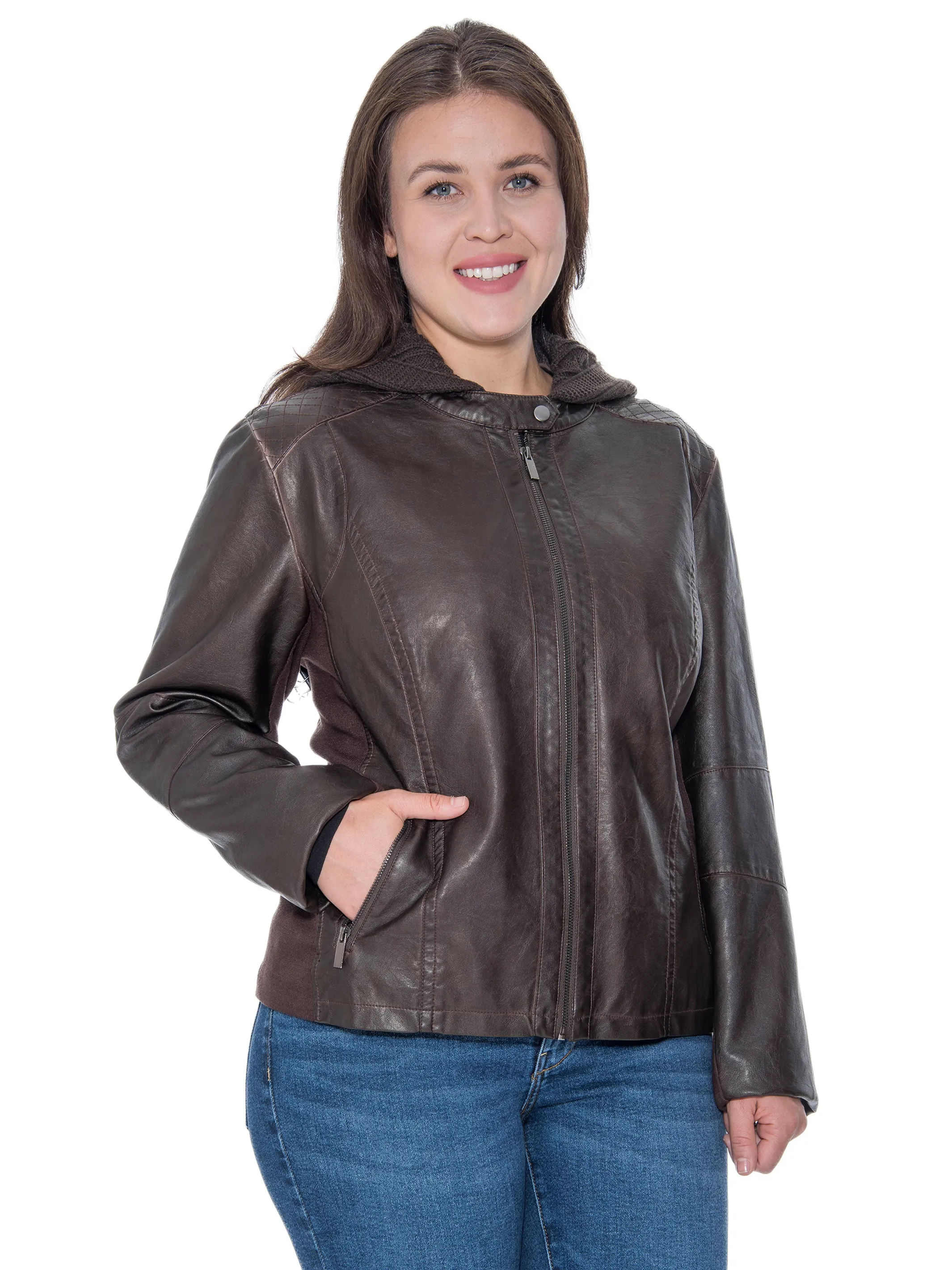 Sebby Collection Plus Size Faux Leather Zip Front Jacket With Knit Hood