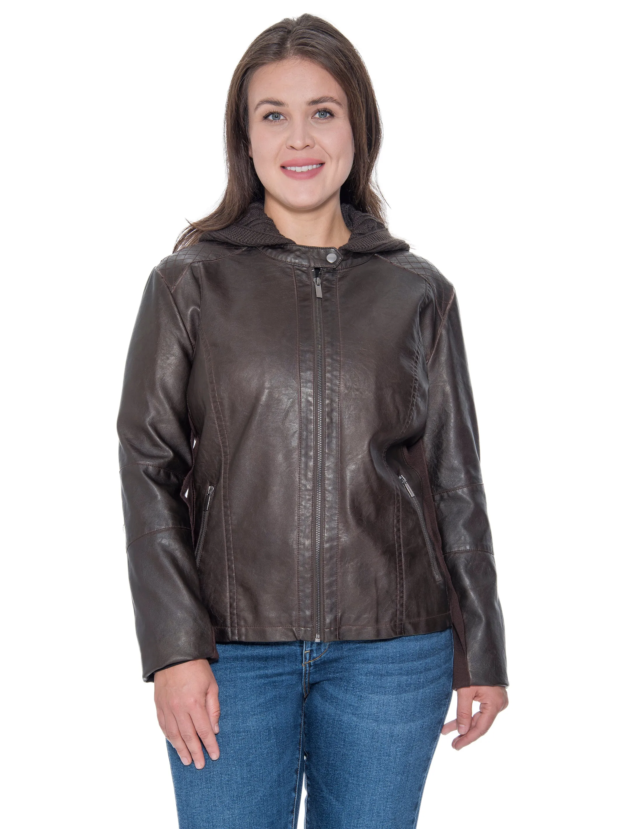 Sebby Collection Plus Size Faux Leather Zip Front Jacket With Knit Hood