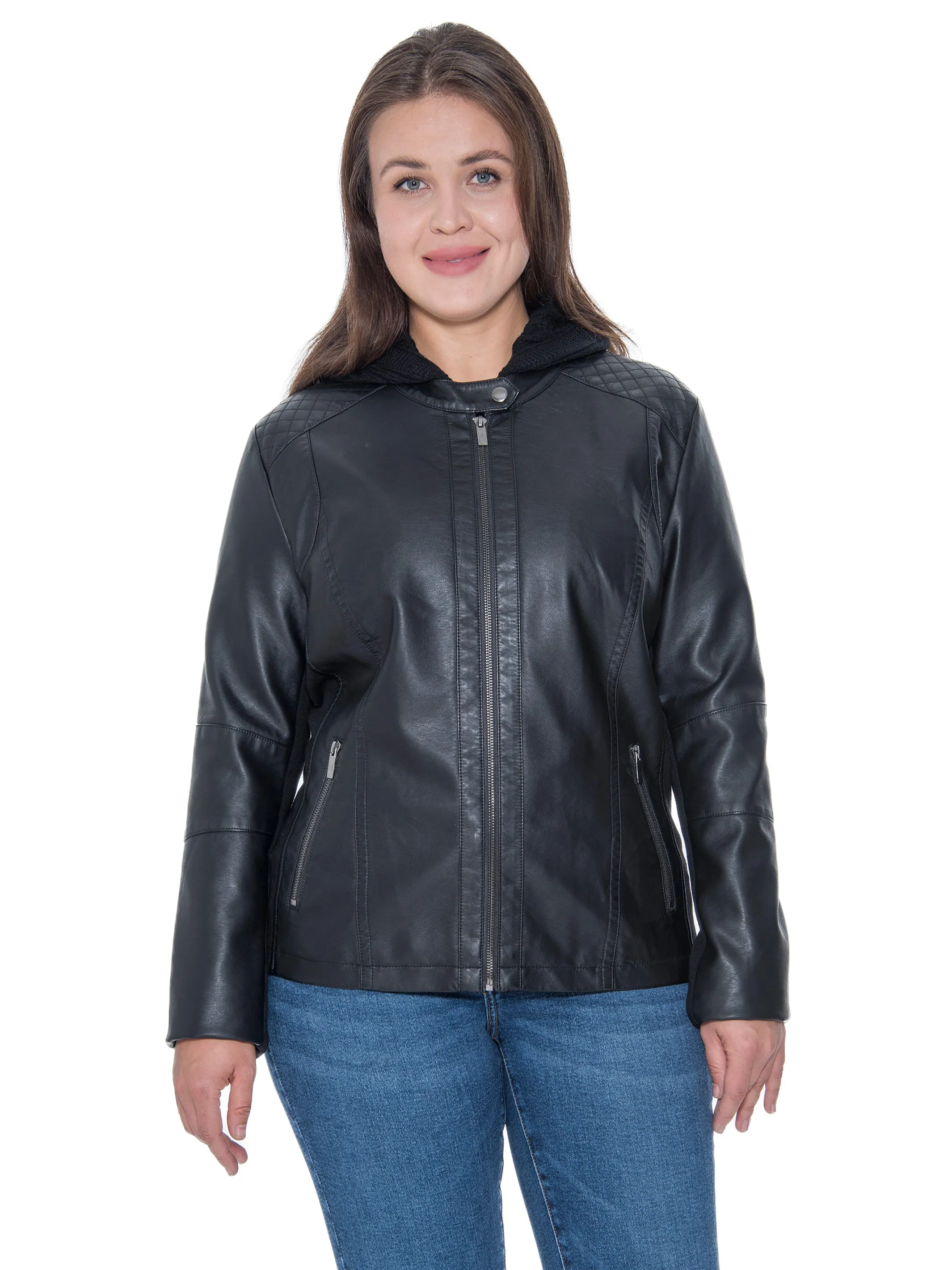 Sebby Collection Plus Size Faux Leather Zip Front Jacket With Knit Hood