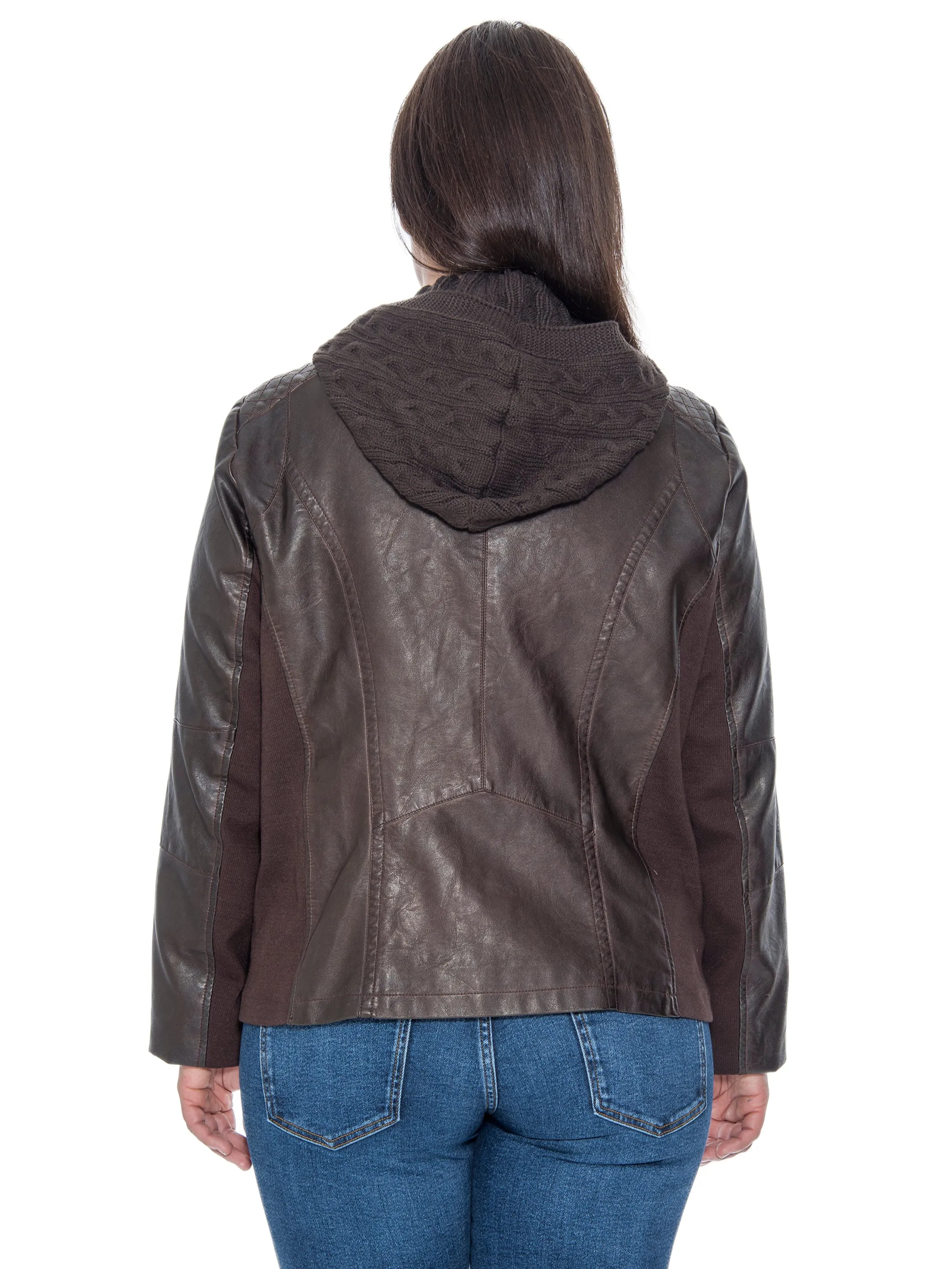 Sebby Collection Plus Size Faux Leather Zip Front Jacket With Knit Hood