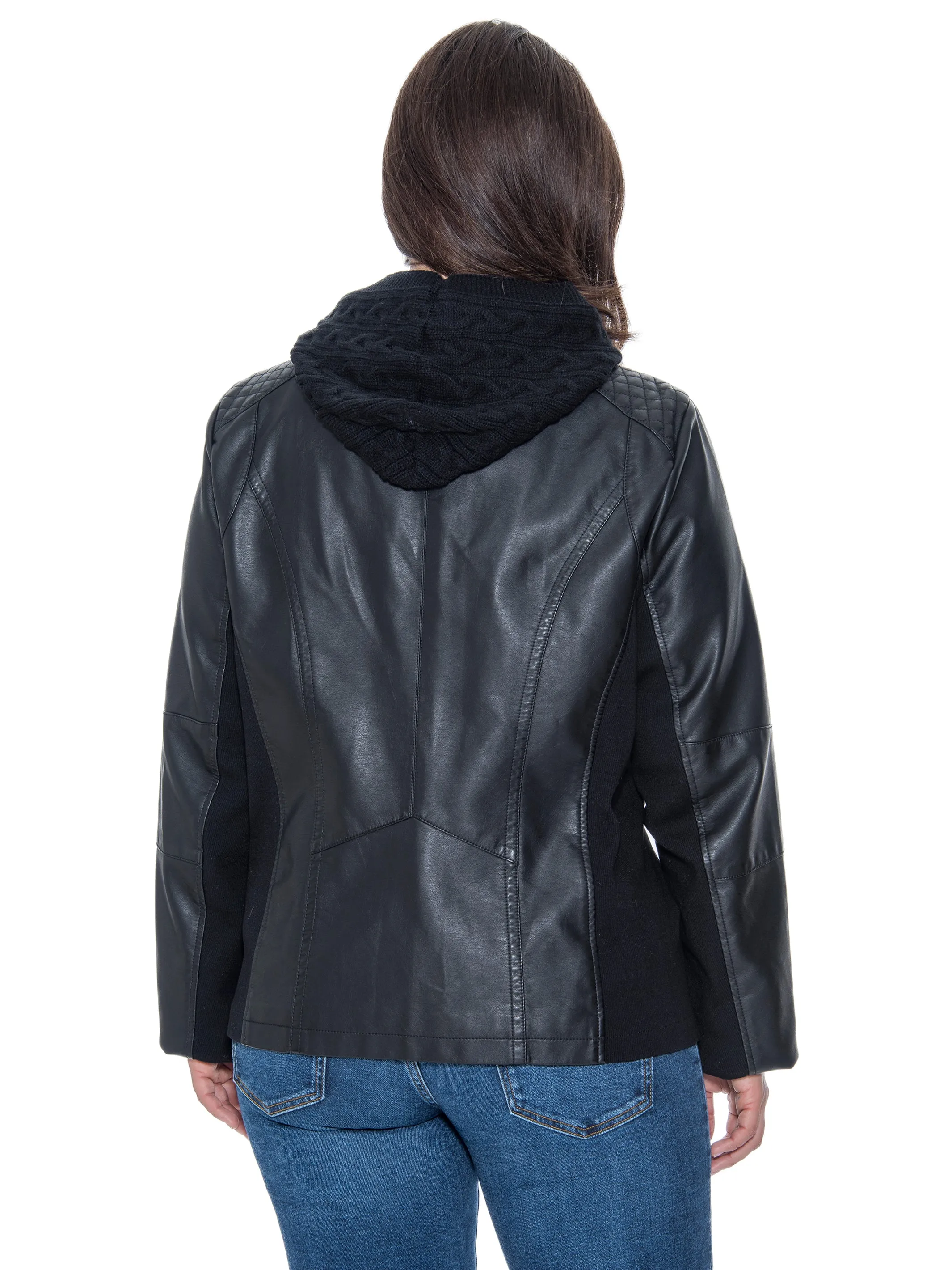 Sebby Collection Plus Size Faux Leather Zip Front Jacket With Knit Hood