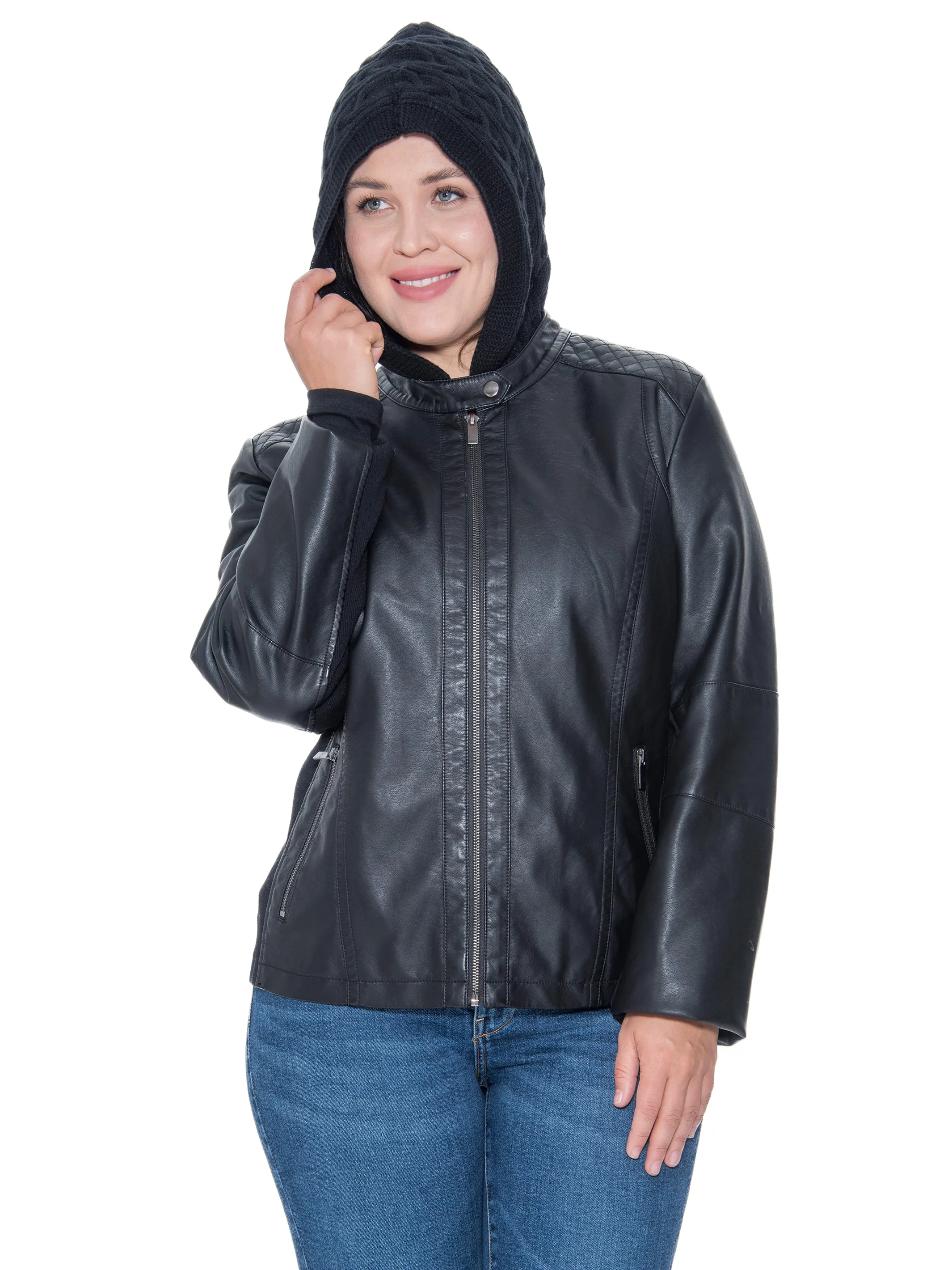 Sebby Collection Plus Size Faux Leather Zip Front Jacket With Knit Hood