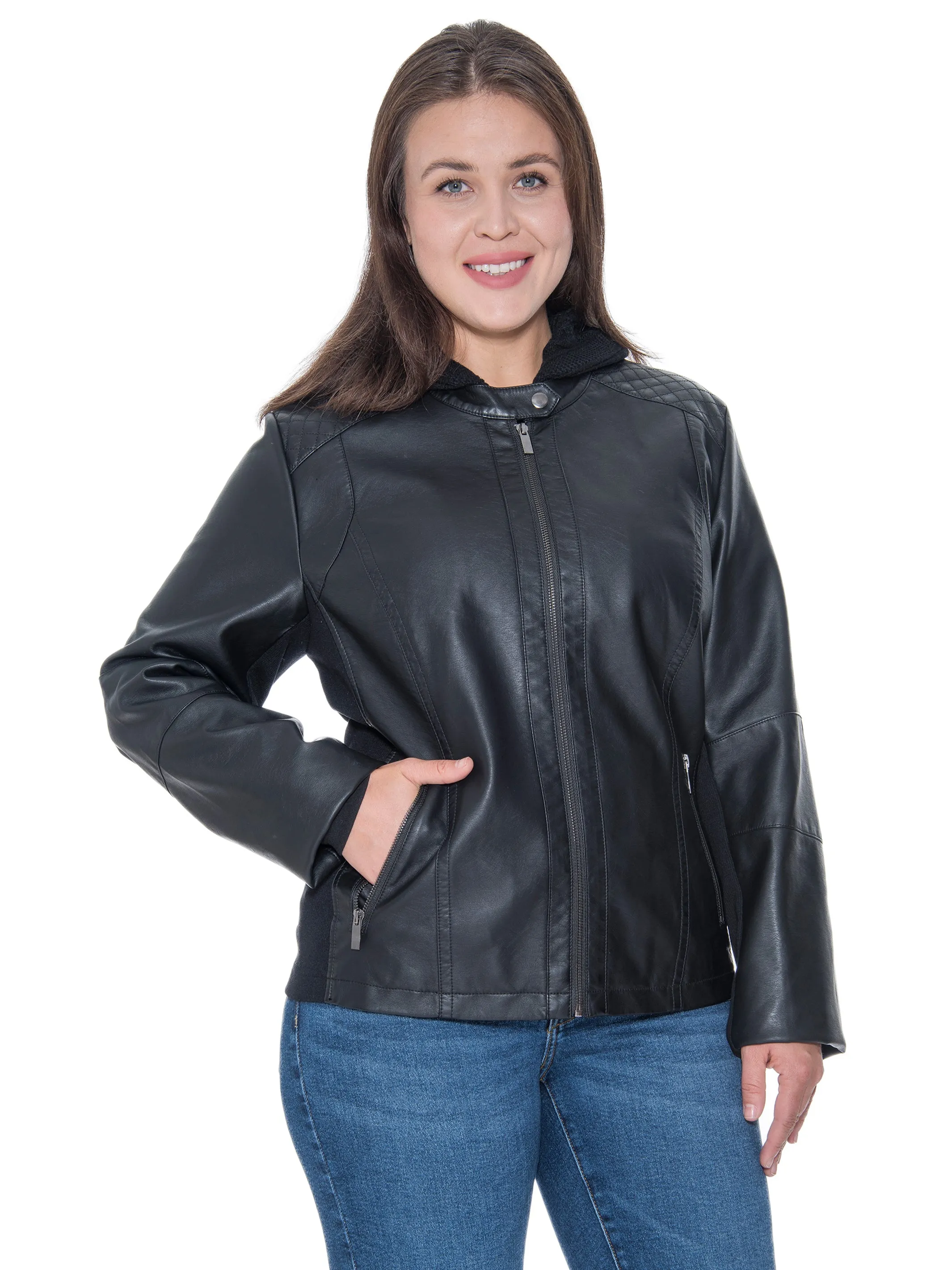 Sebby Collection Plus Size Faux Leather Zip Front Jacket With Knit Hood