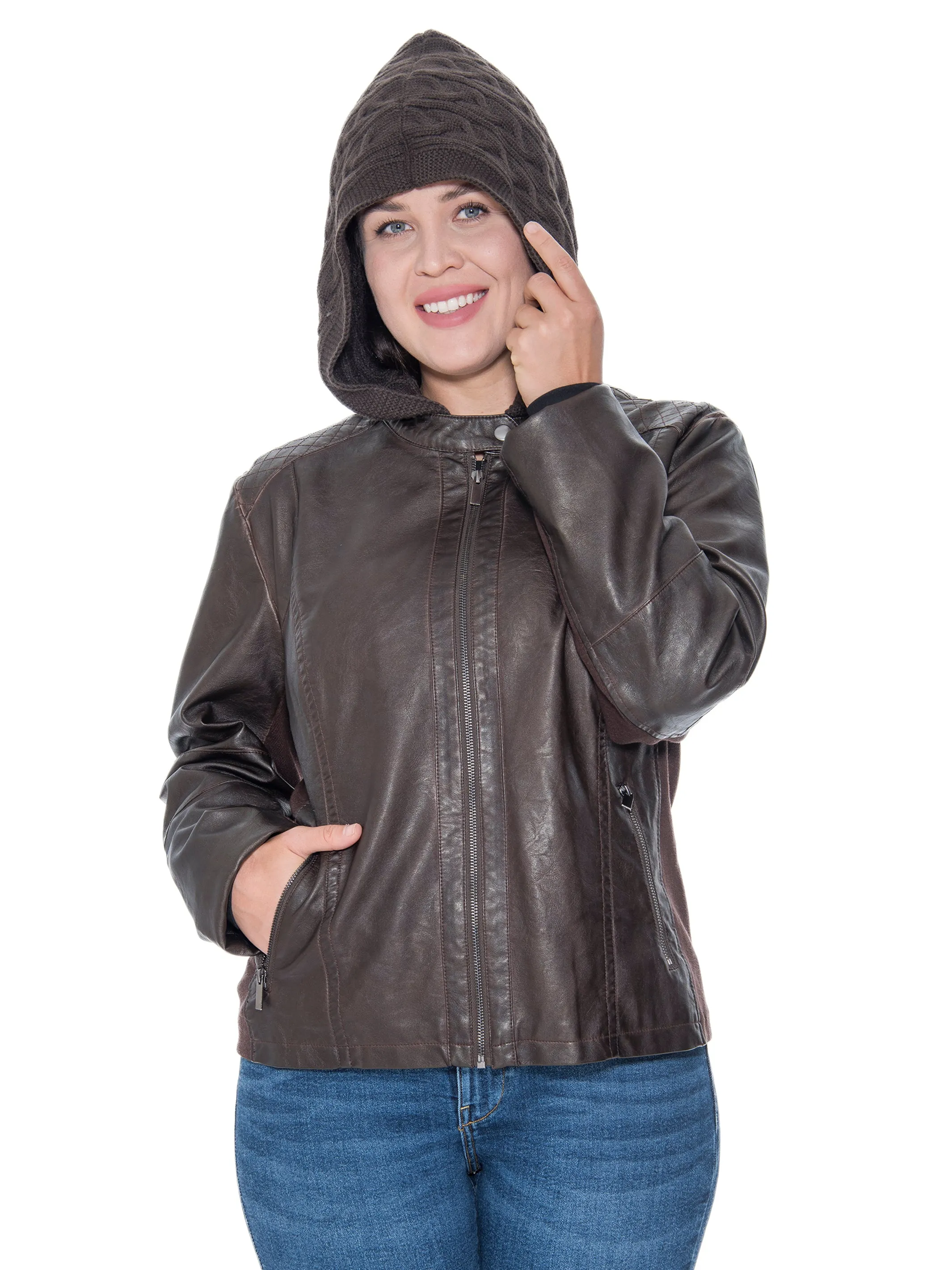 Sebby Collection Plus Size Faux Leather Zip Front Jacket With Knit Hood