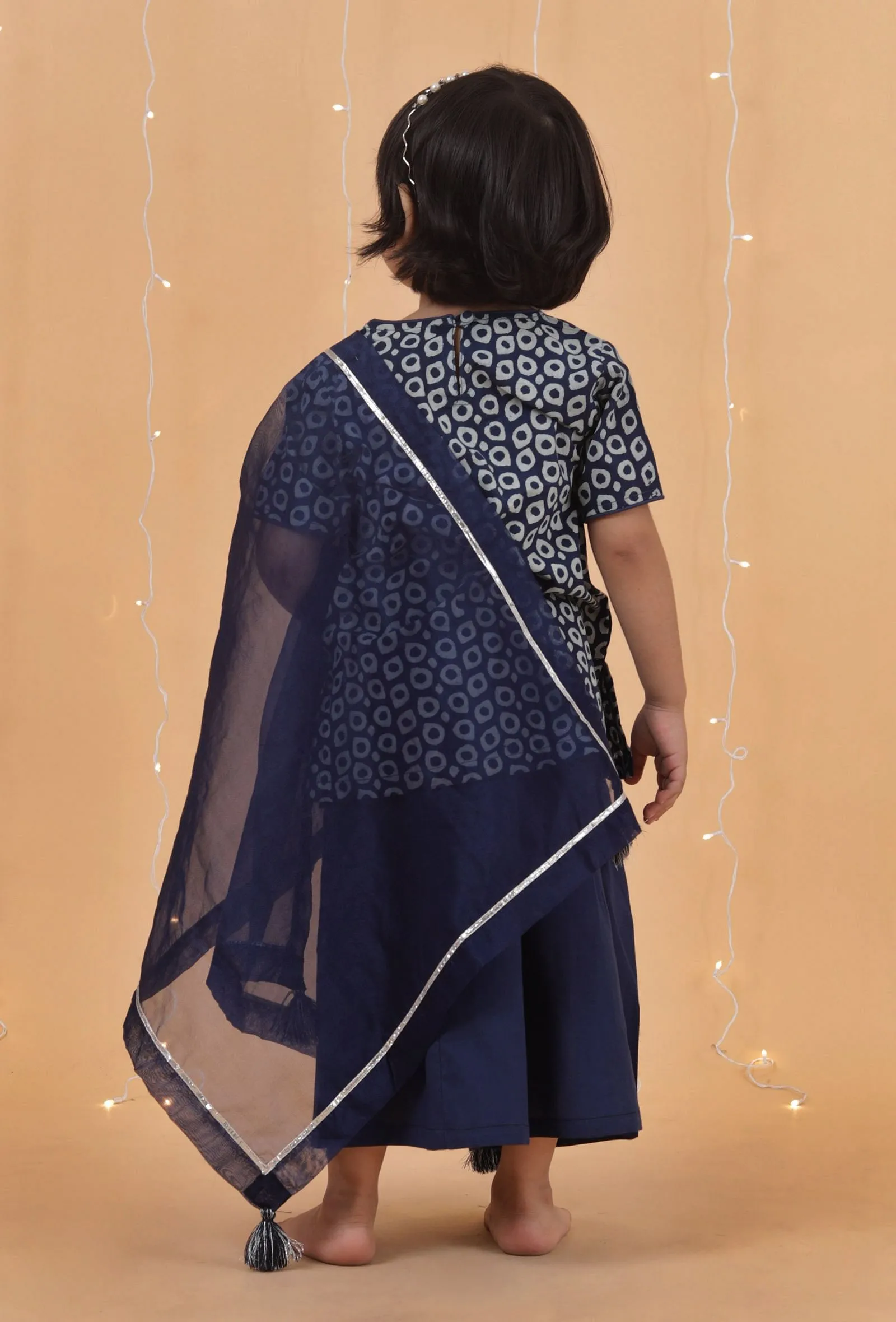 Set Of 3: Indigo Printed Straight Cotton Kurta, Palazzo & Organza Dupatta