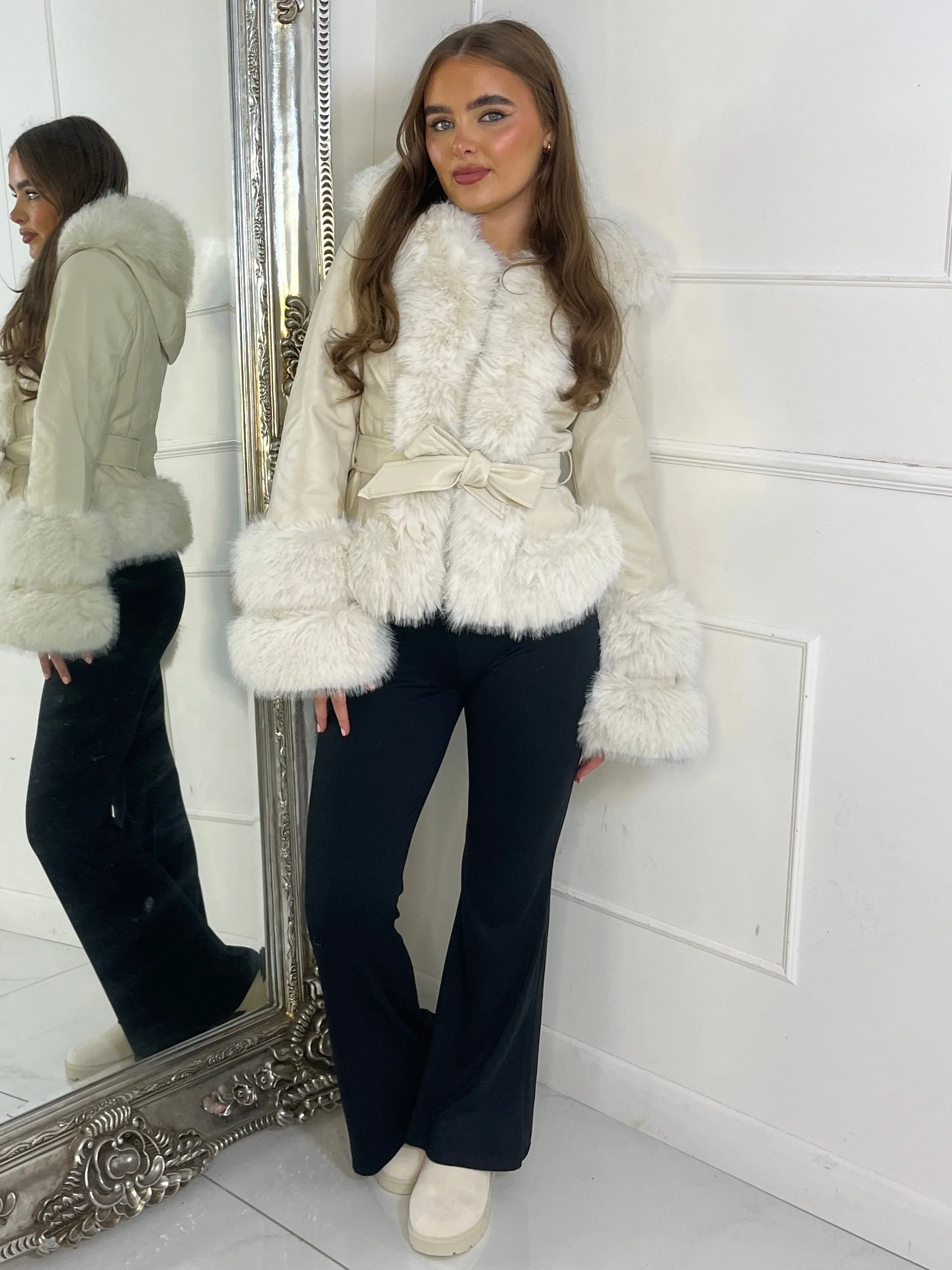 Short Belted Faux Fur & Pu Contrast Jacket - Beige