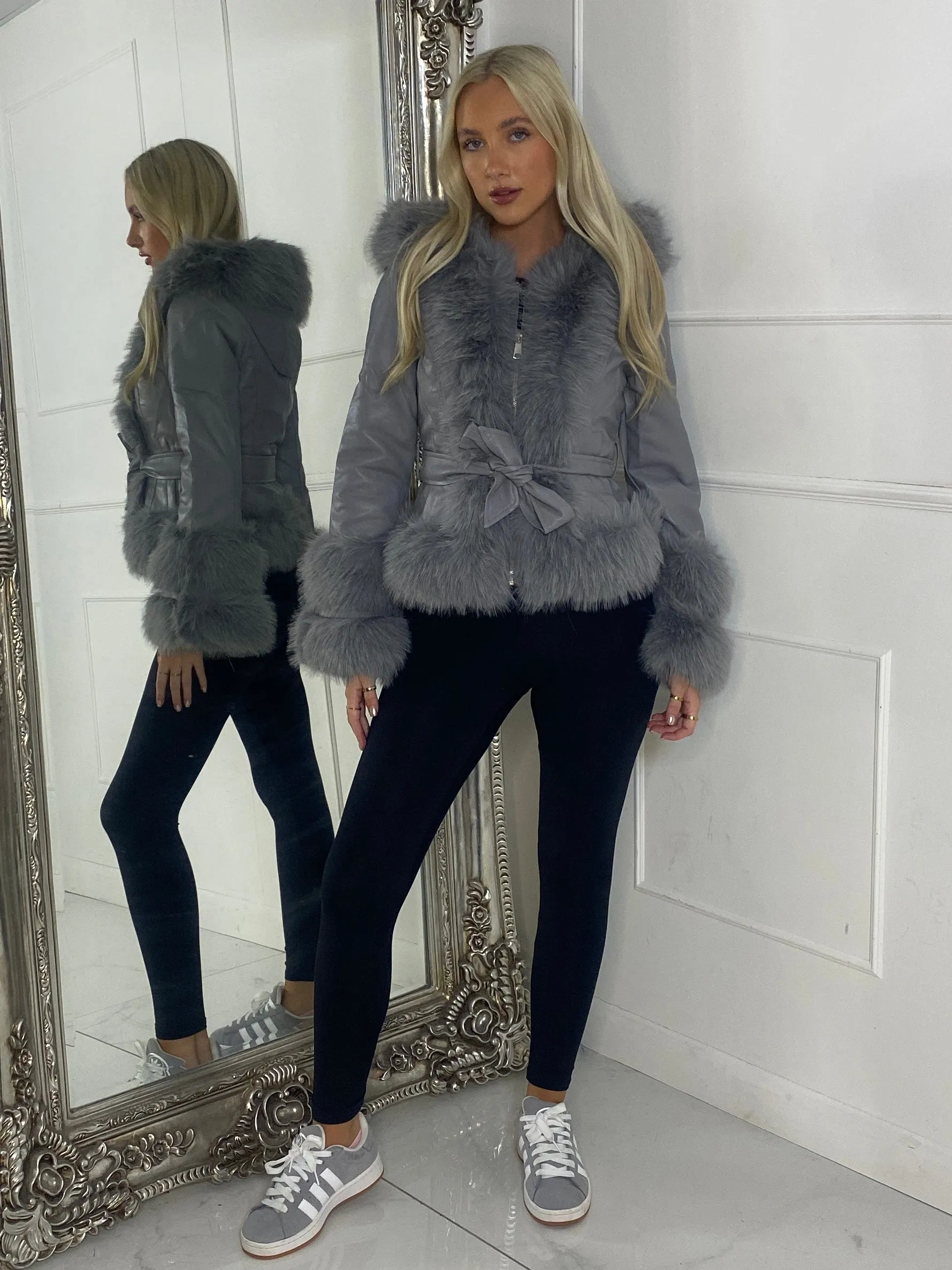 Short Belted Faux Fur & Pu Contrast Jacket - Grey