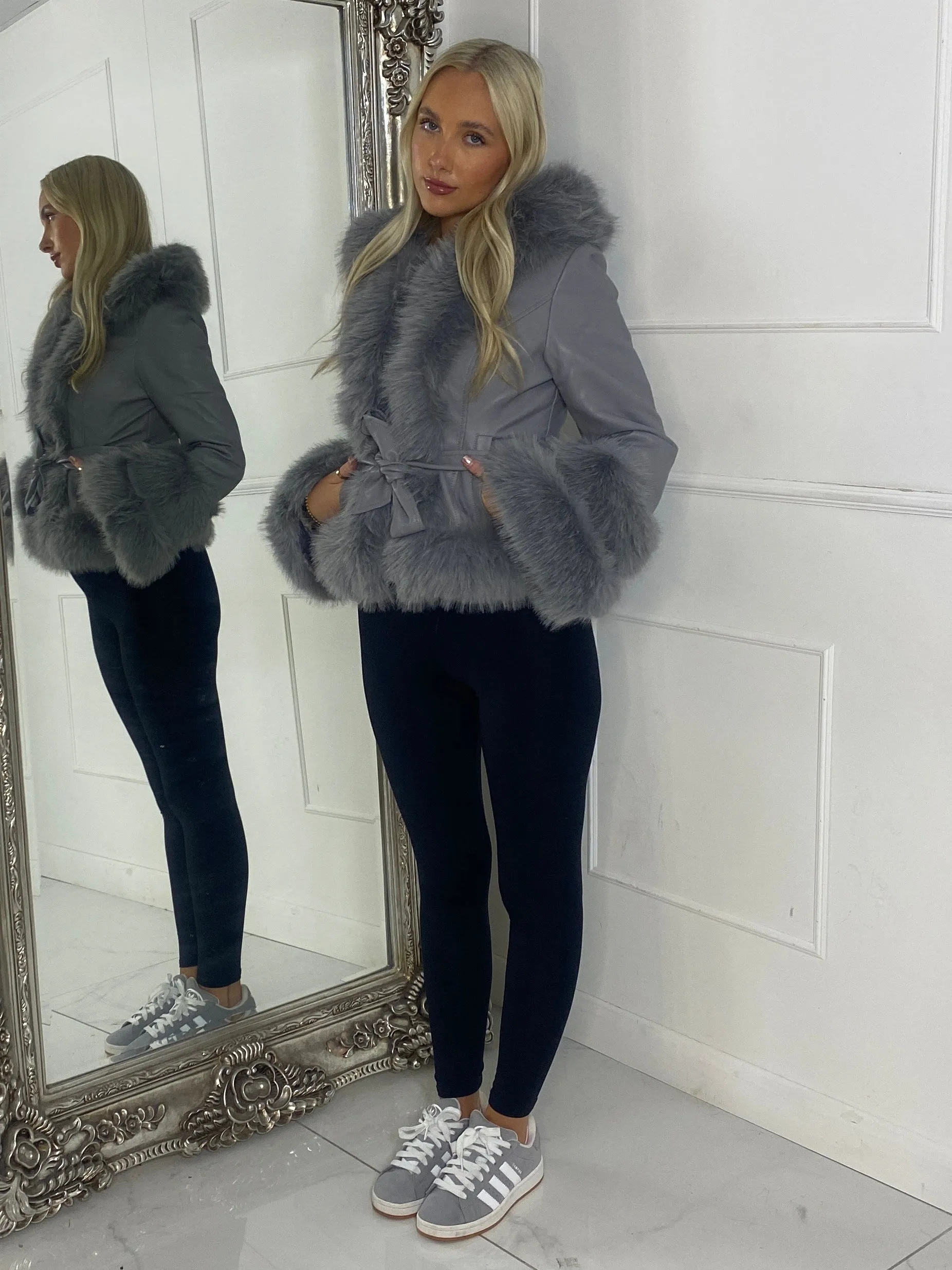 Short Belted Faux Fur & Pu Contrast Jacket - Grey