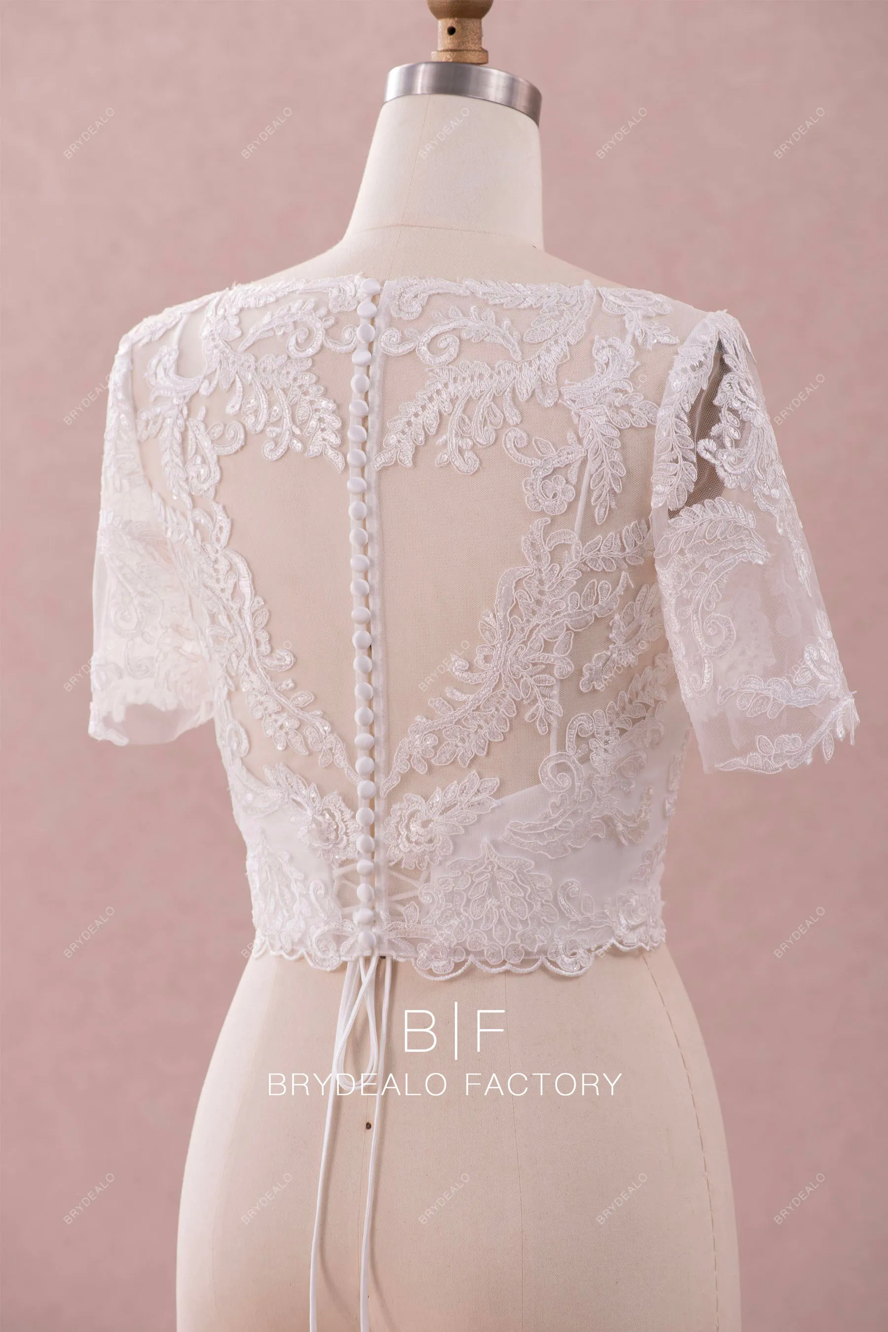 Short Sleeves Lace Bridal Crop Top Detachable Bustier