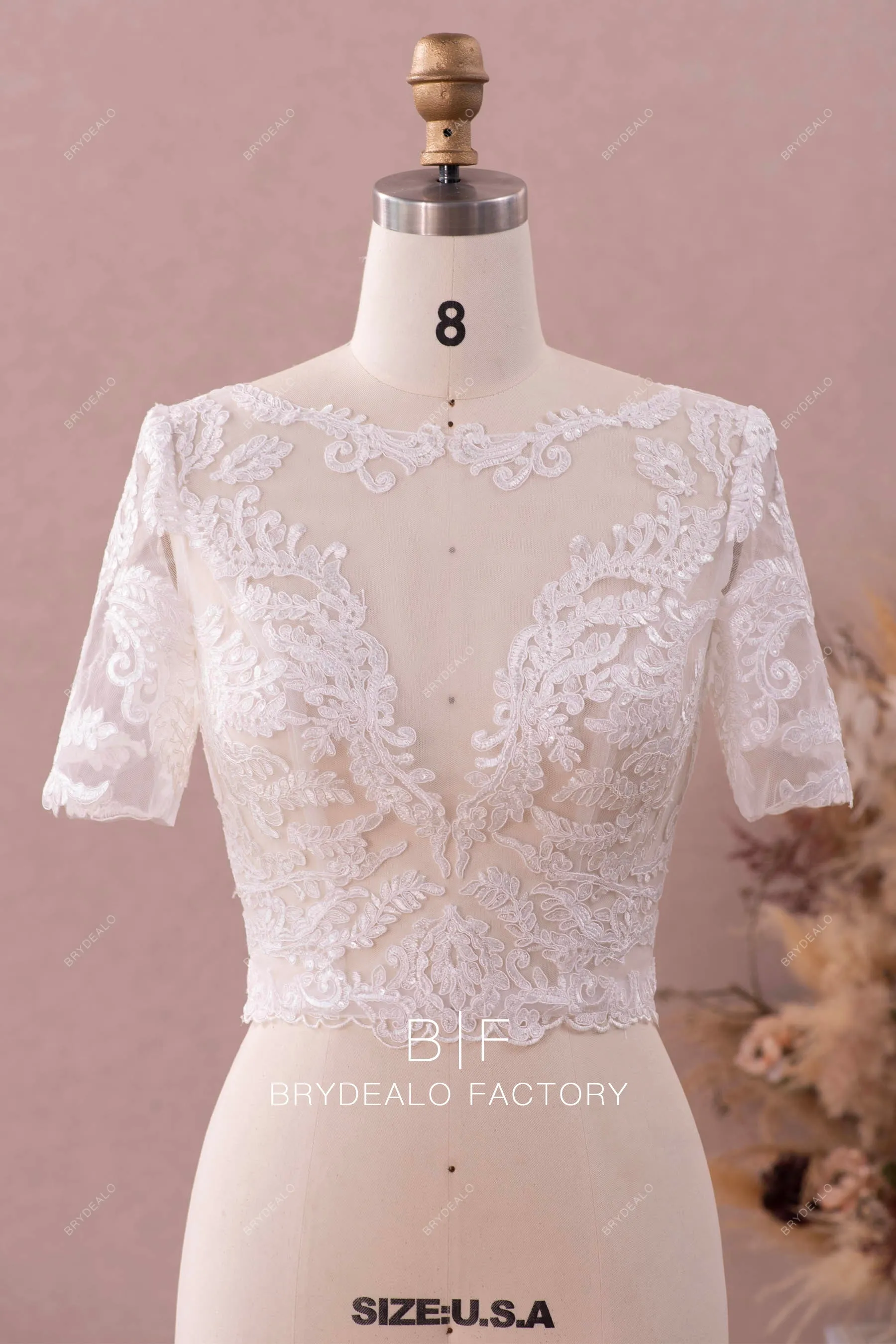 Short Sleeves Lace Bridal Crop Top Detachable Bustier