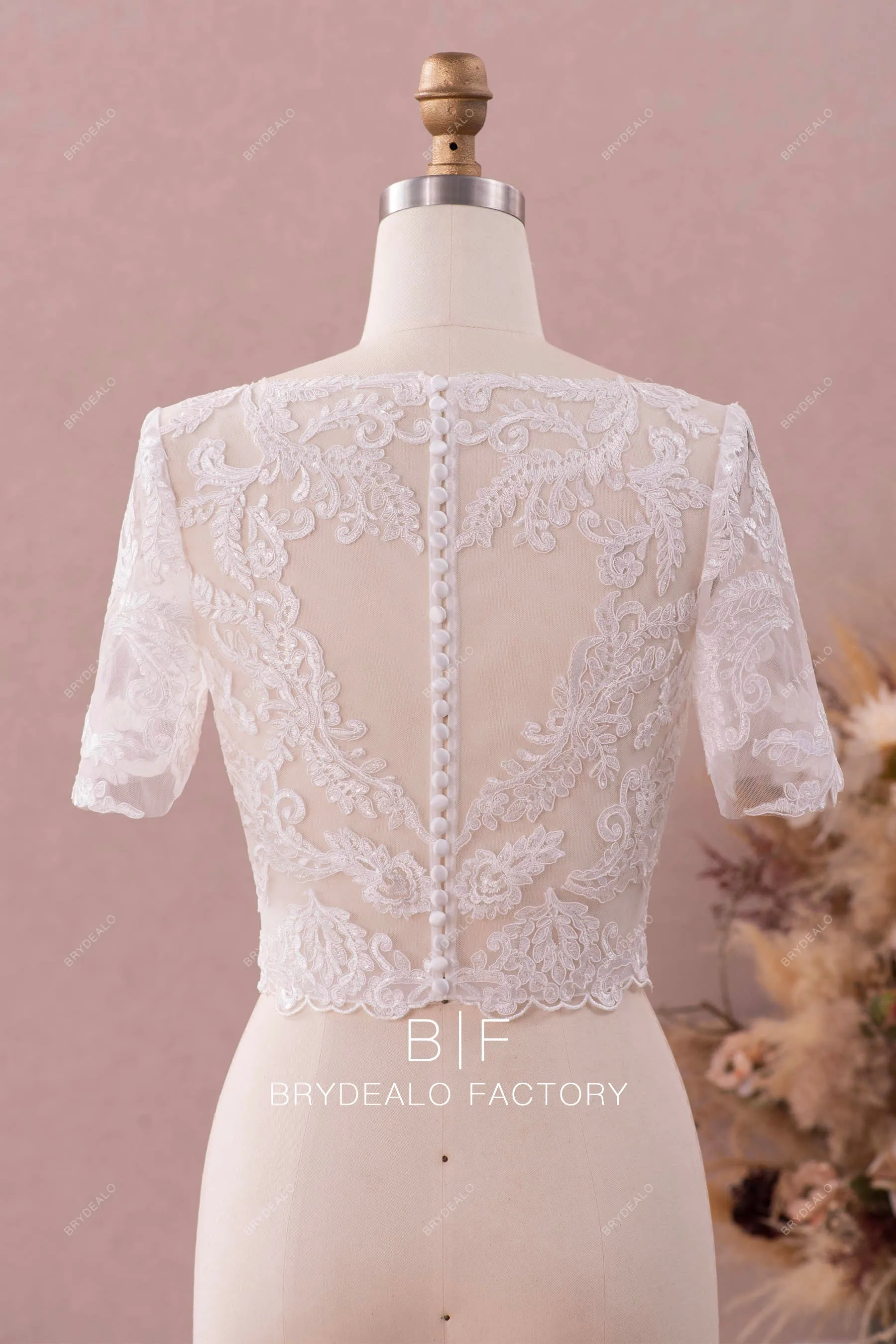 Short Sleeves Lace Bridal Crop Top Detachable Bustier