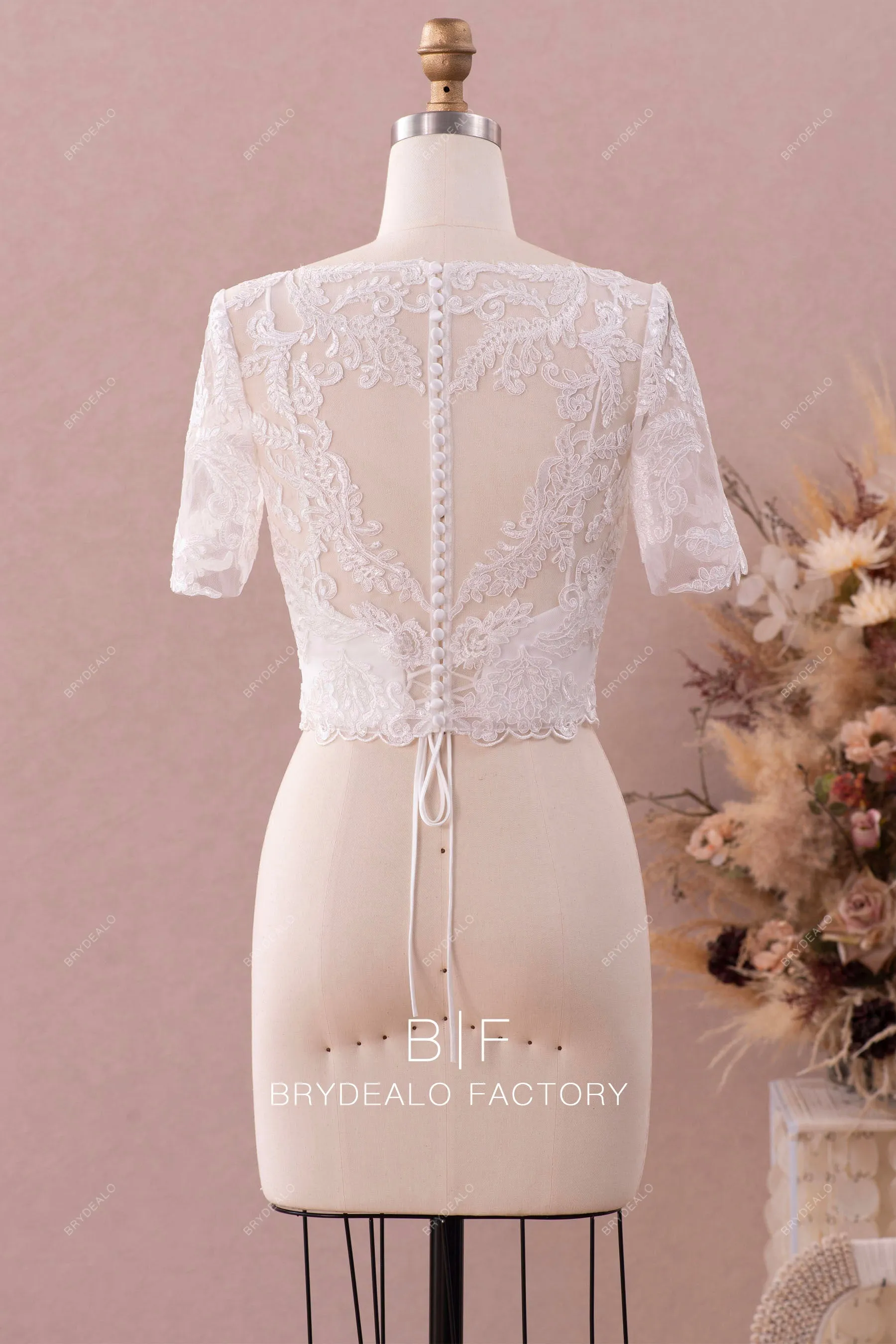 Short Sleeves Lace Bridal Crop Top Detachable Bustier