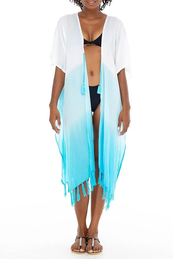 SHU-SHI Women's Kimono Cardigan with Fringe Ombre Swimwear Cover-Up