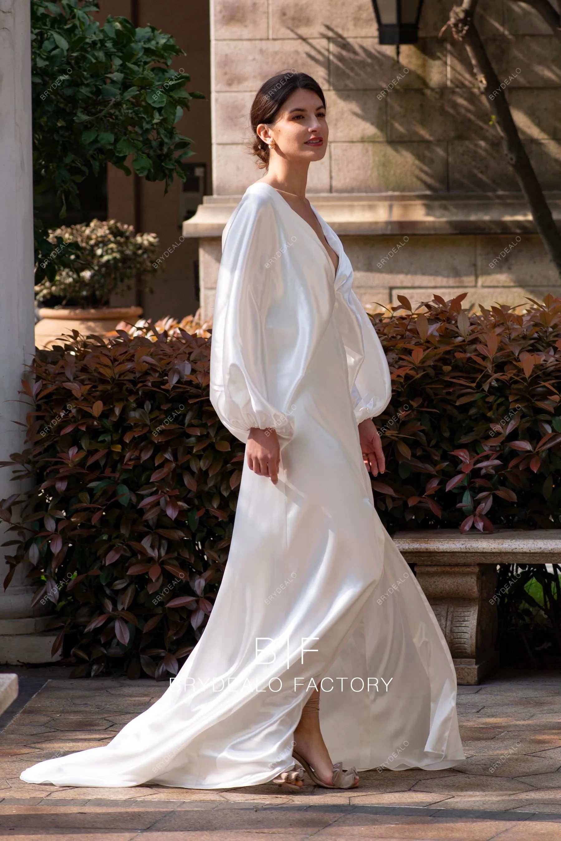 Simple Kimono Sleeve Glossy Satin Slit Modern Wedding Dress