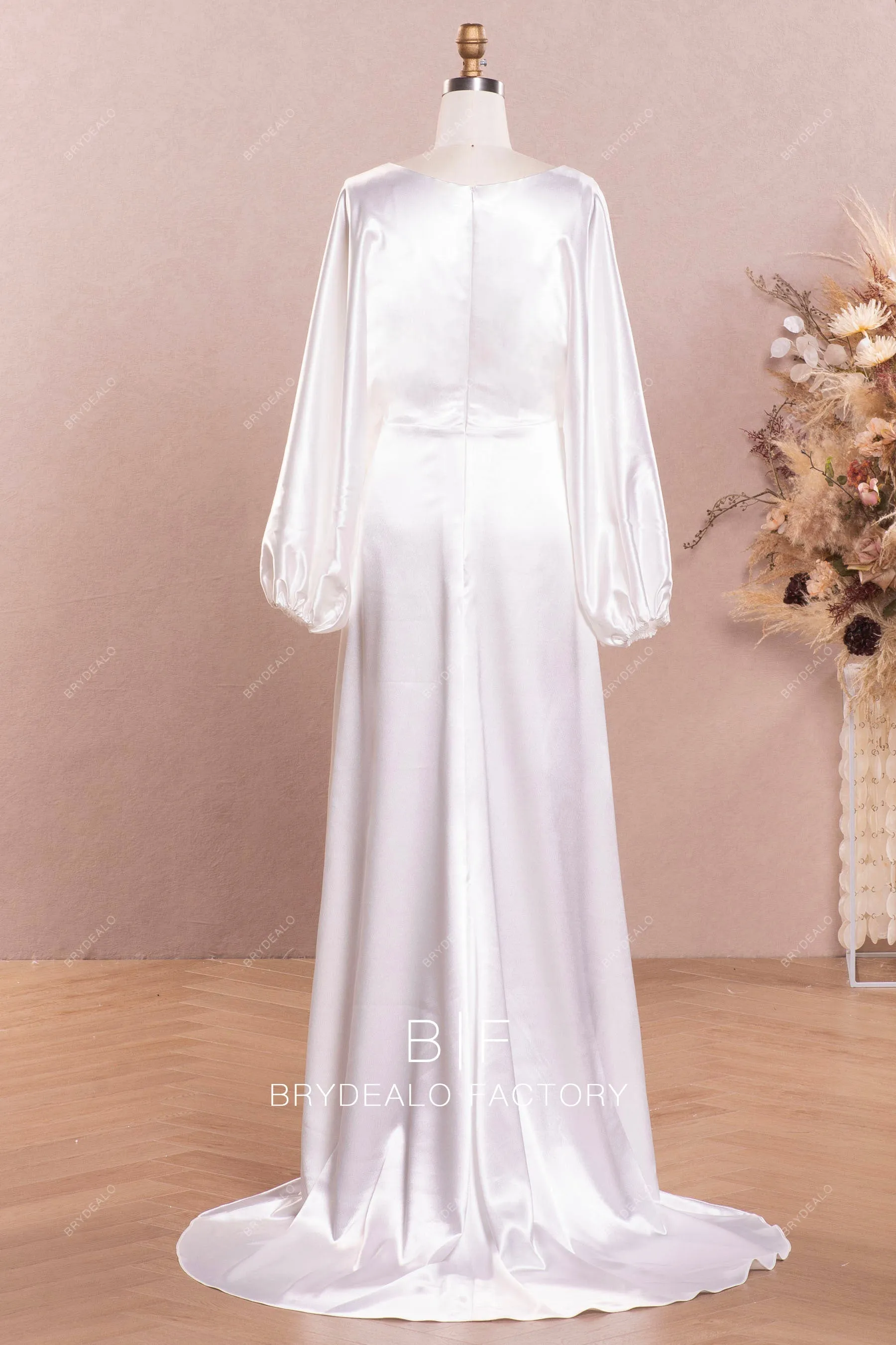 Simple Kimono Sleeve Glossy Satin Slit Modern Wedding Dress