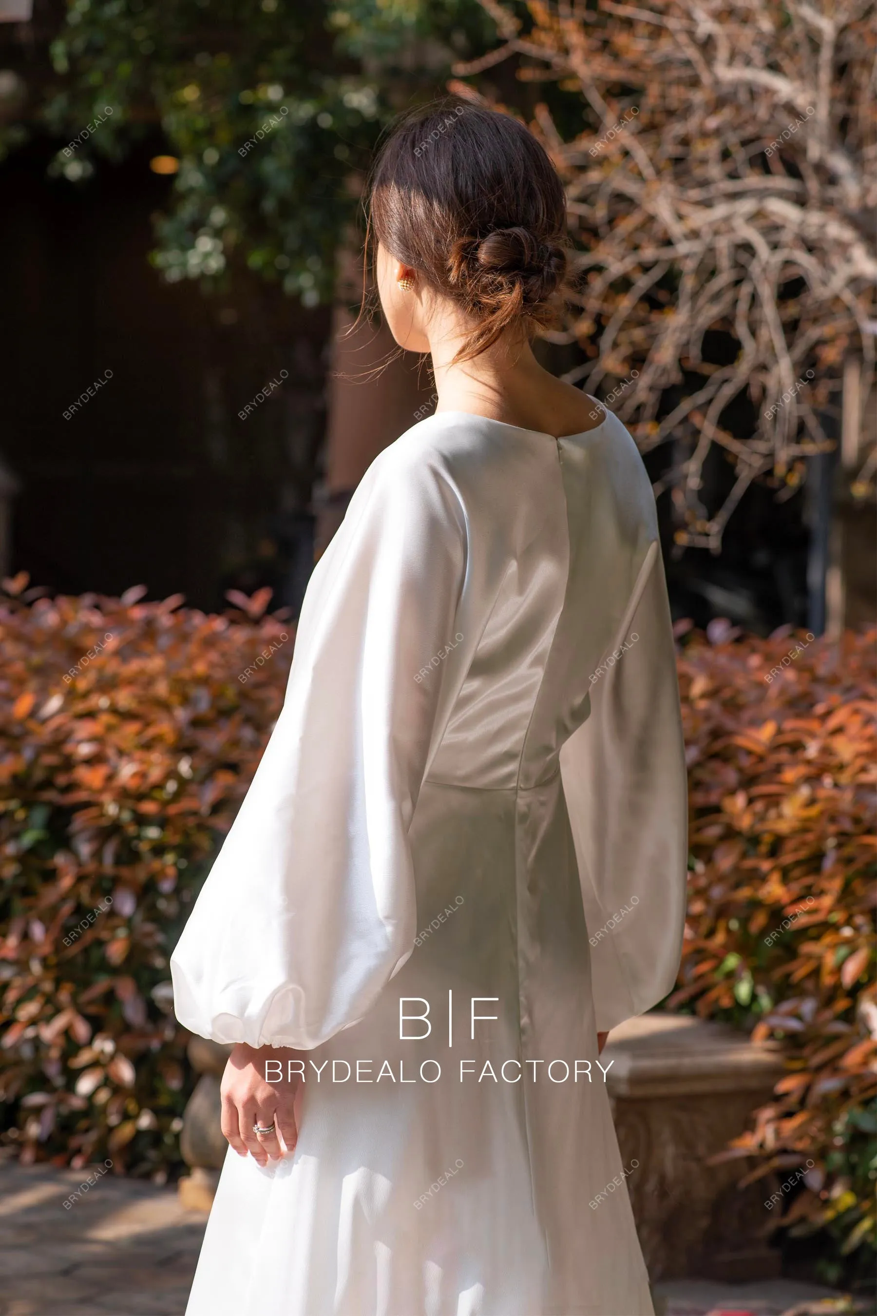 Simple Kimono Sleeve Glossy Satin Slit Modern Wedding Dress