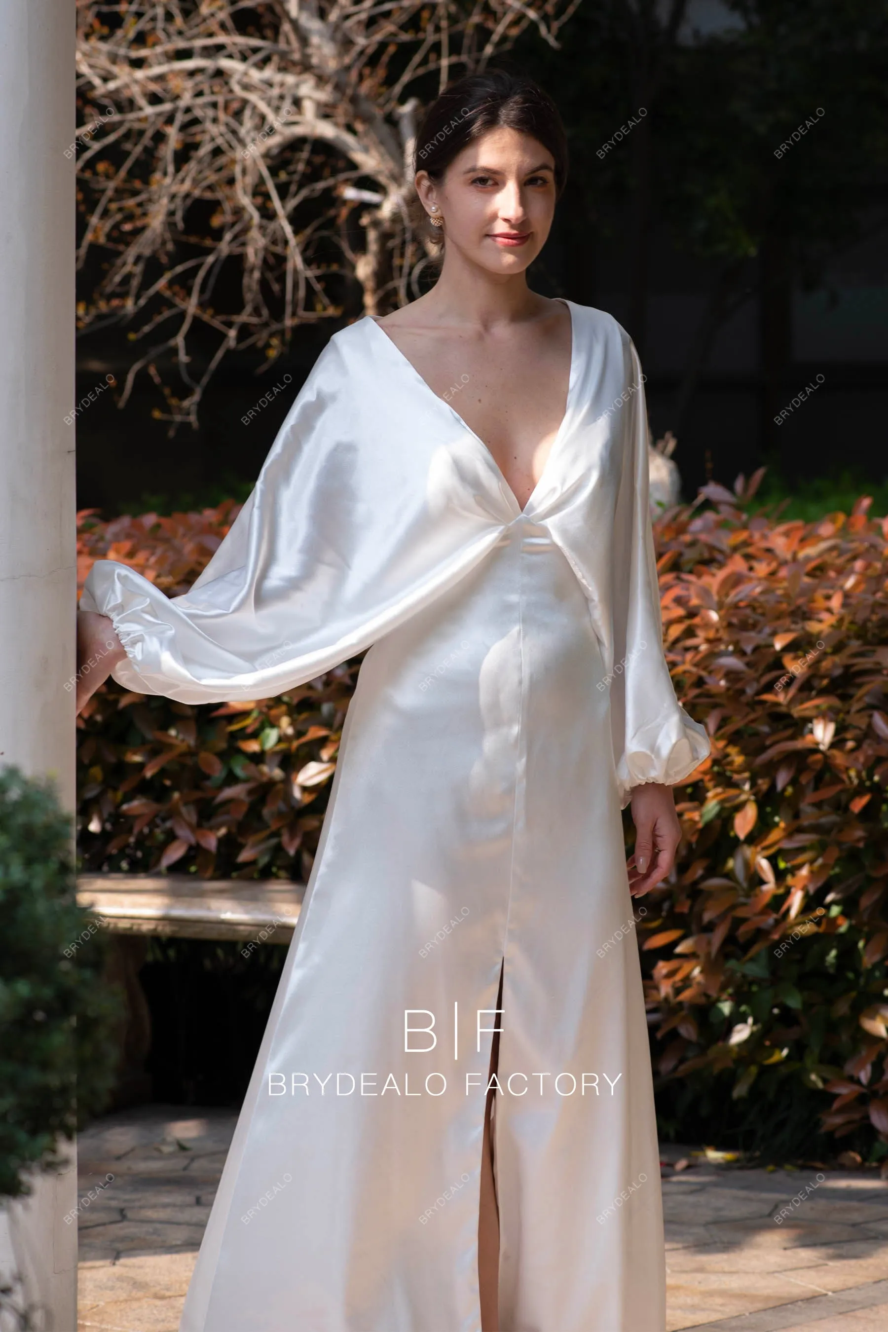 Simple Kimono Sleeve Glossy Satin Slit Modern Wedding Dress