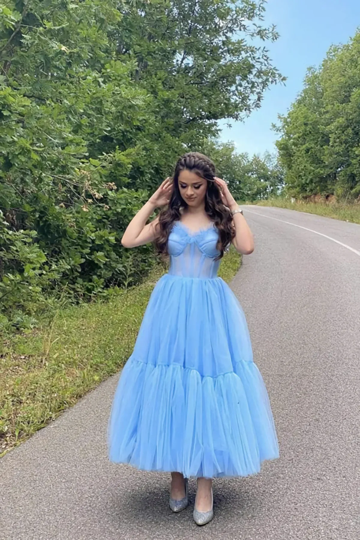 Sky Blue Straps Tulle A Line Prom Dress Sweetheart Homecoming Dresses     fg3815