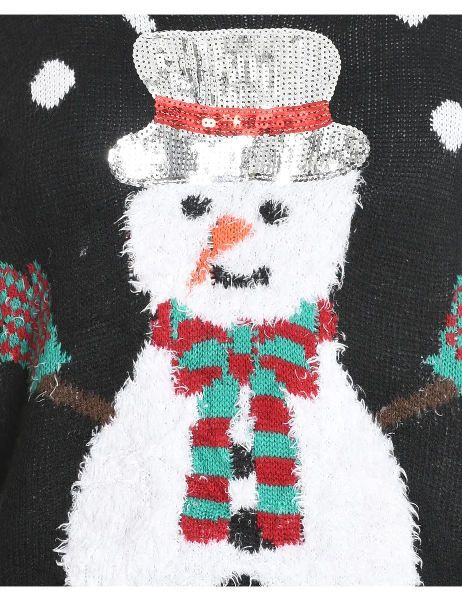 Snowman Design Black Fluffy Knit Christmas Jumper - M