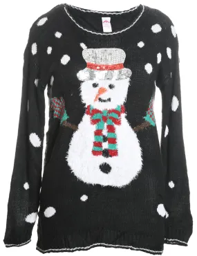 Snowman Design Black Fluffy Knit Christmas Jumper - M