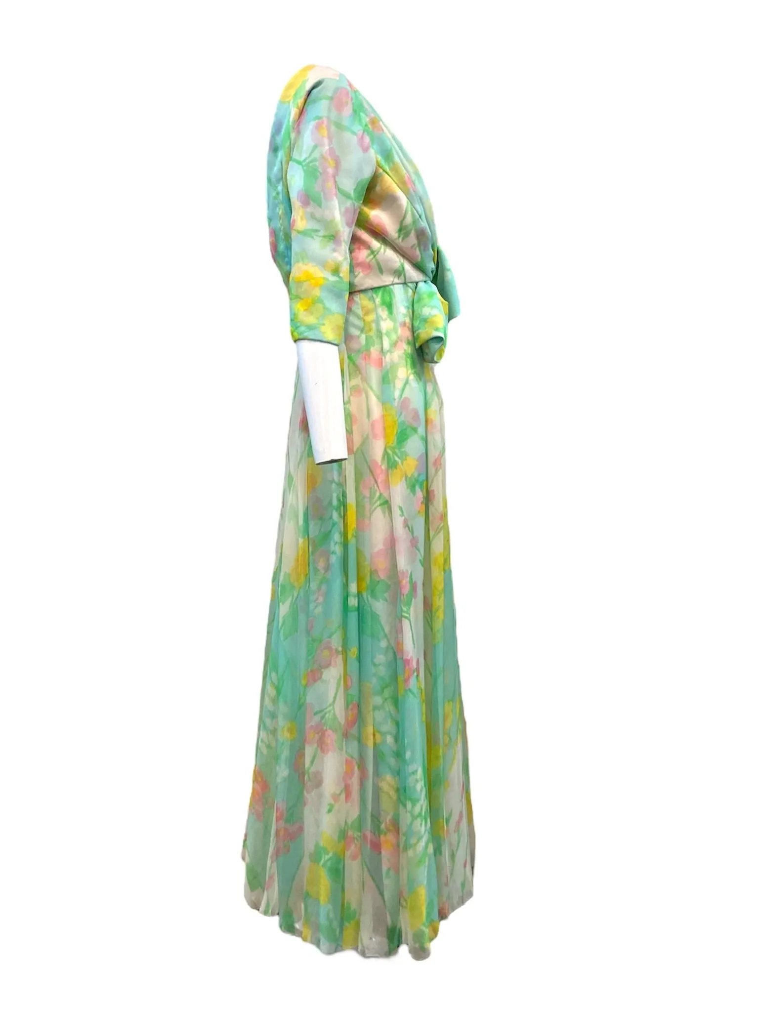 Sophie of Saks Pastel Watercolor Silk Floral Chiffon Gown with Matching Jacket