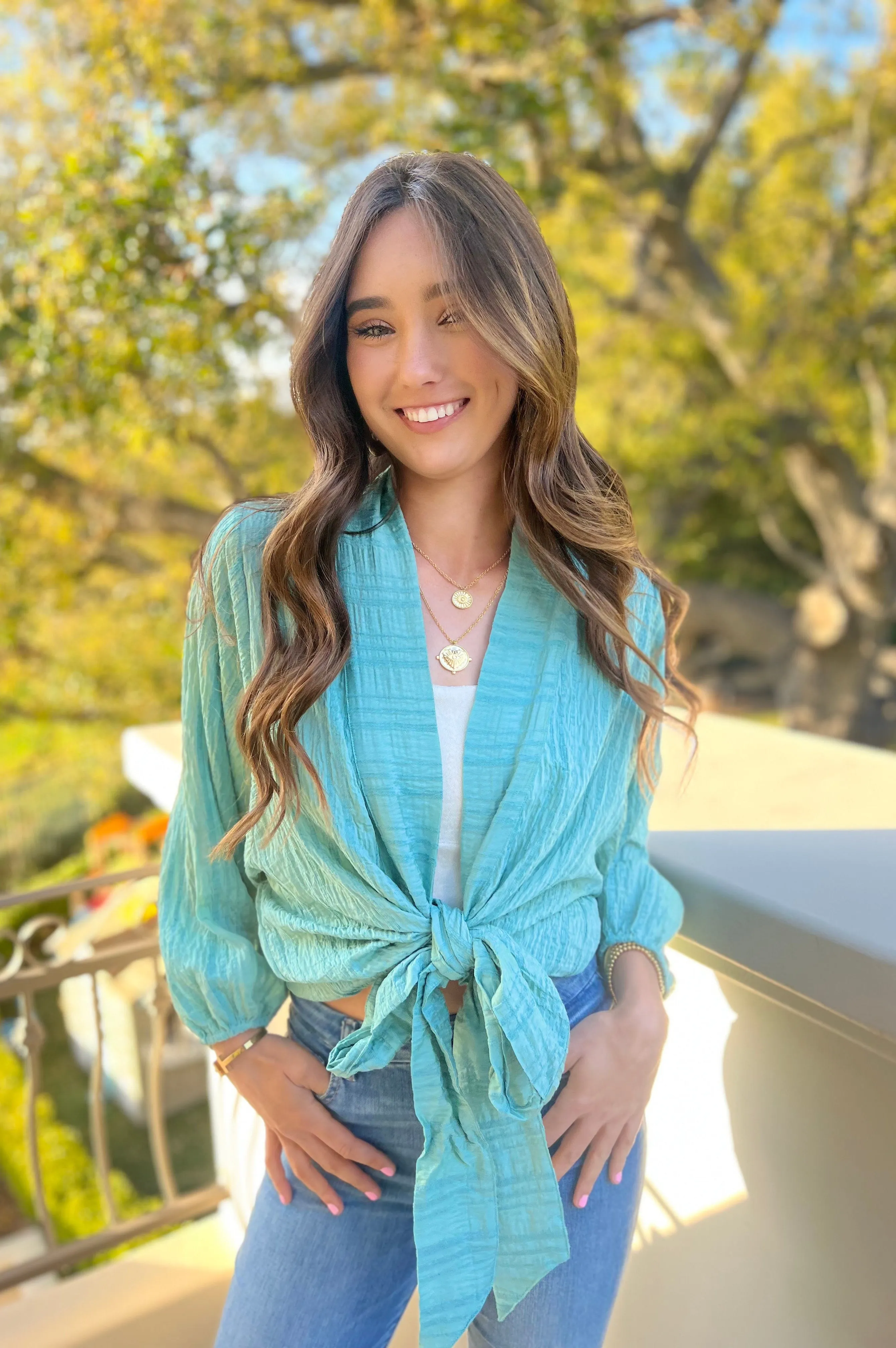 Teal Tie Front Kimono Top