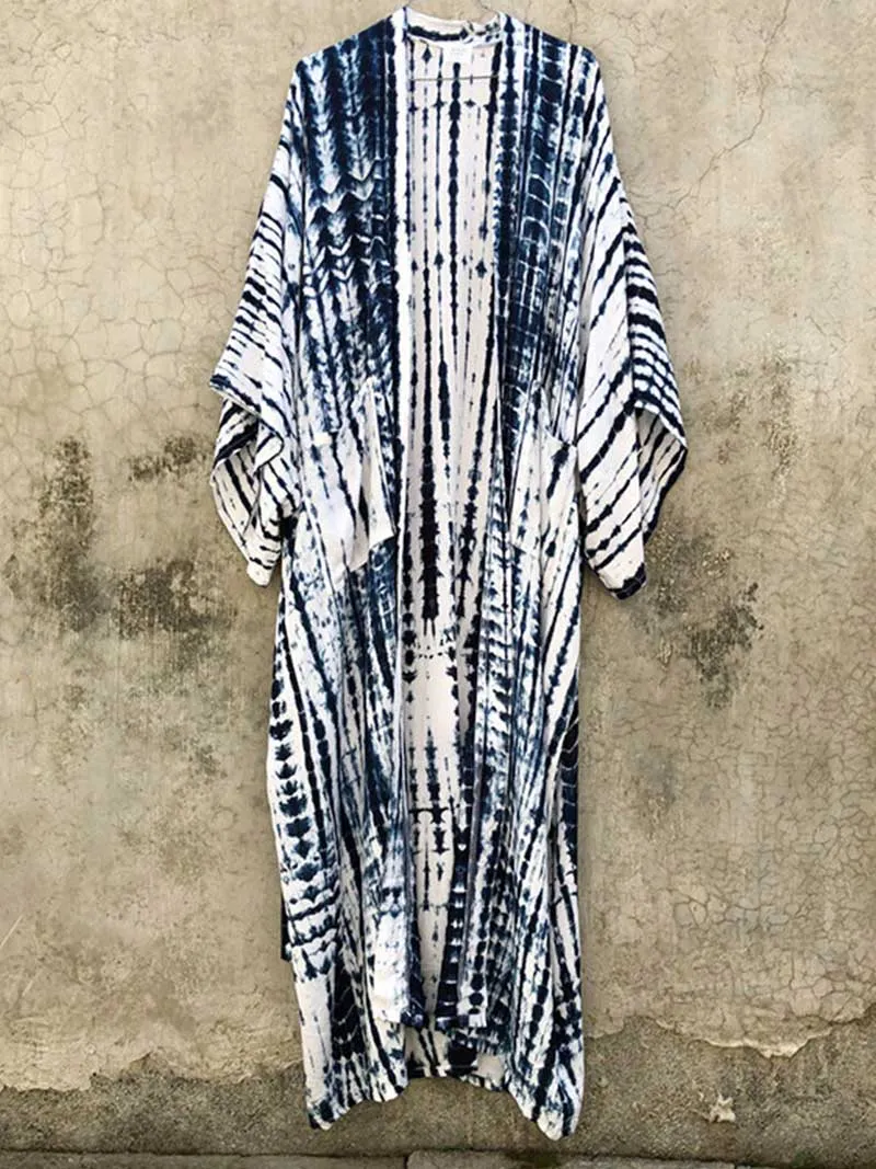 Tie-Dye Print Different Color Rayon Long Length Gown Kimono Duster Robe