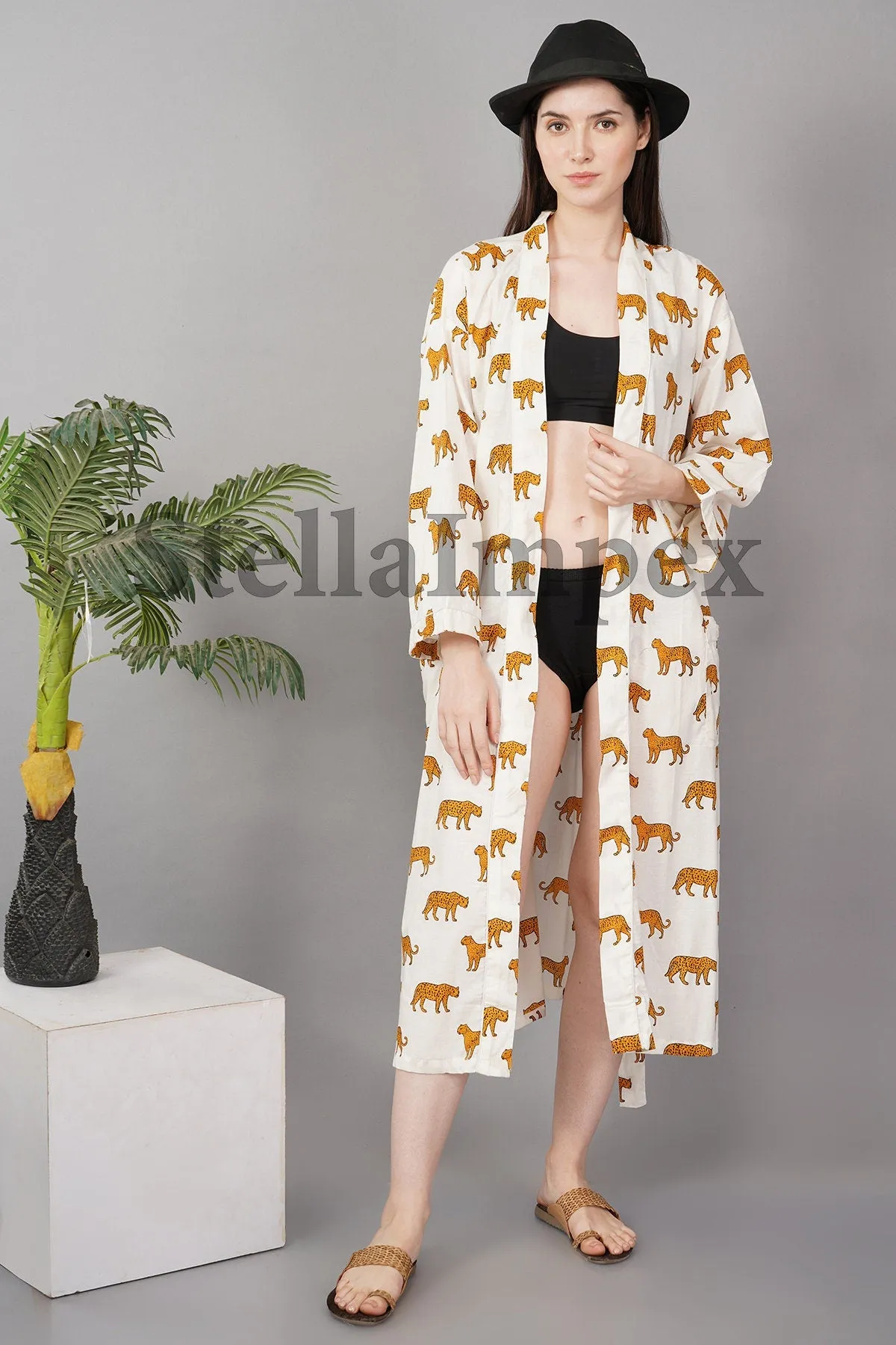 Trendy White & Gold Cheetah Print Elegant Cotton Kimono Bathrobe Resort Wear Beach Bikini Cover-ups Boho Kimono Bathrobe, Gift for Her