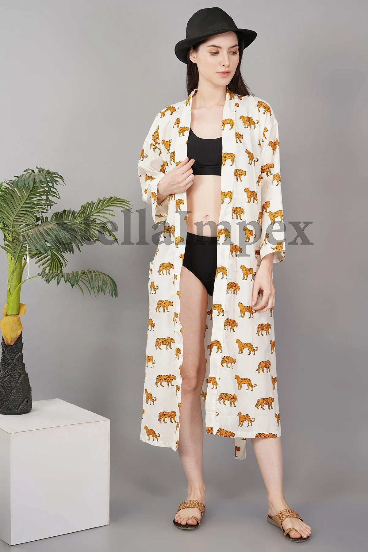 Trendy White & Gold Cheetah Print Elegant Cotton Kimono Bathrobe Resort Wear Beach Bikini Cover-ups Boho Kimono Bathrobe, Gift for Her