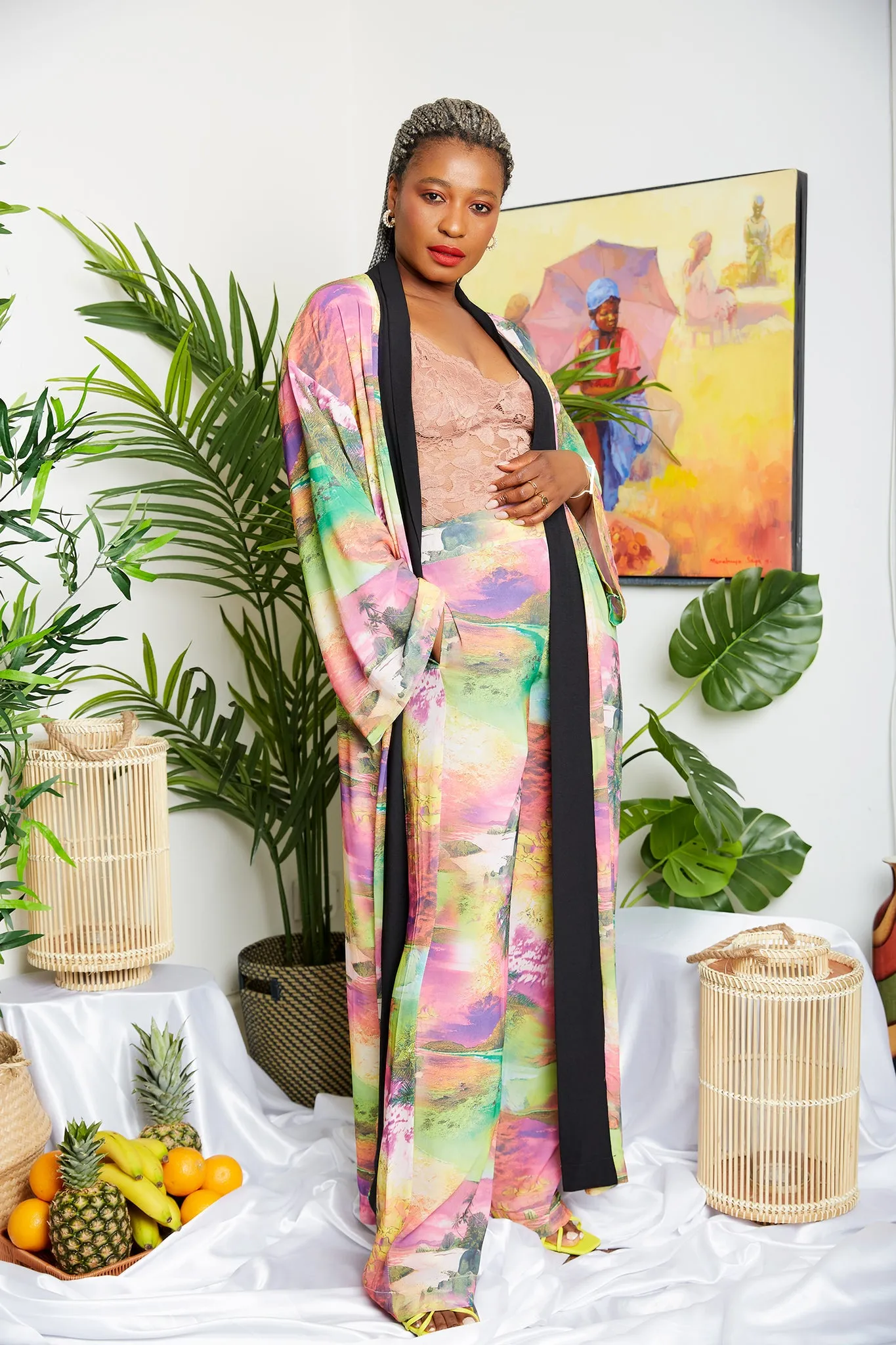 Tropical Mixed Pink Soft Crepe Print Kimono  (Trouser sold Separately)- Zamzam