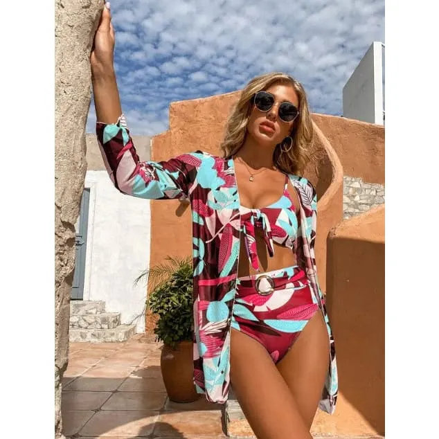 Tropical Print Front Knot High Waist Belted Bikini Swimsuit & Kimono