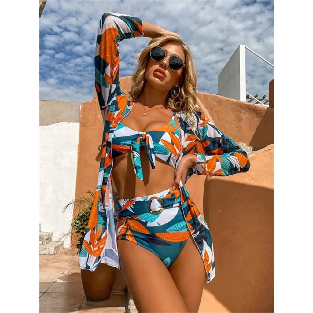 Tropical Print Front Knot High Waist Belted Bikini Swimsuit & Kimono