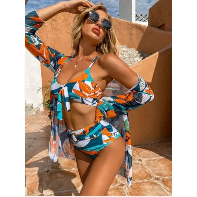 Tropical Print Front Knot High Waist Belted Bikini Swimsuit & Kimono