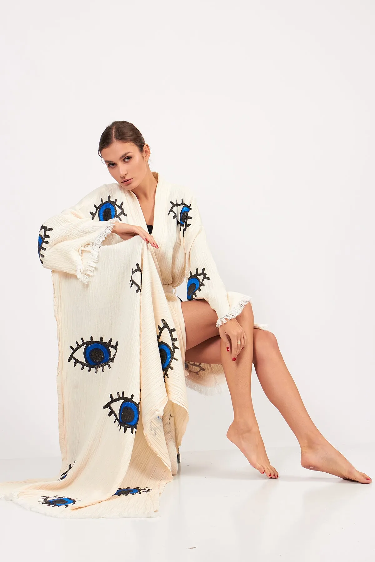 Turkish Towel and Kimono Bathrobe Set Evil Eye Design