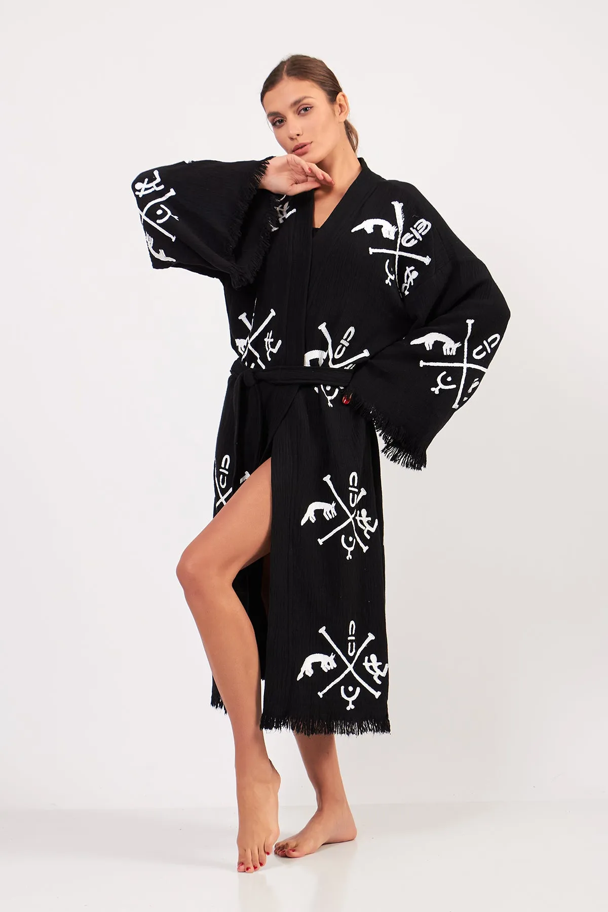 Turkish Towel Kimono Bathrobe Ancient Design Black