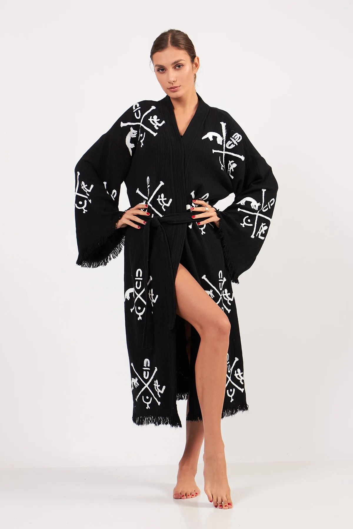 Turkish Towel Kimono Bathrobe Ancient Design Black