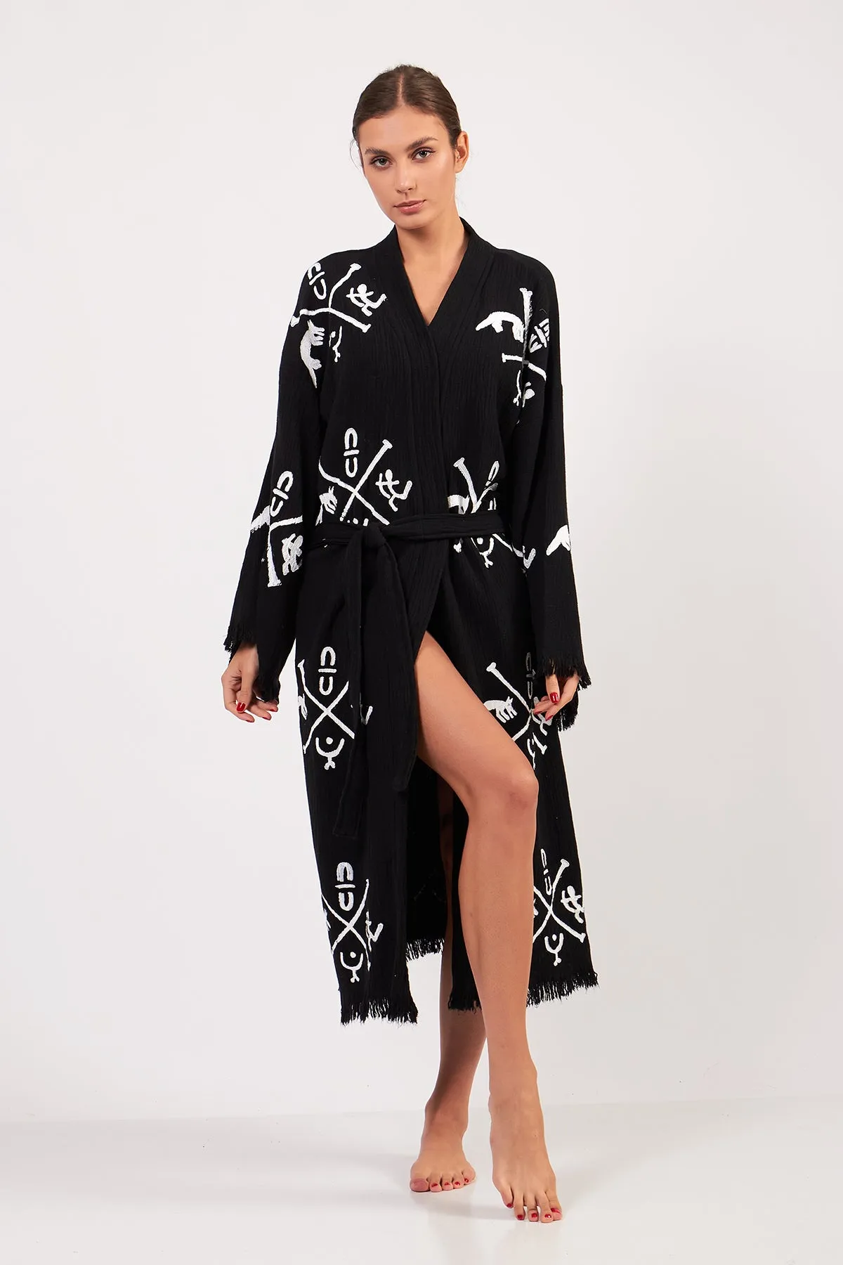 Turkish Towel Kimono Bathrobe Ancient Design Black