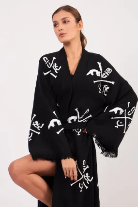 Turkish Towel Kimono Bathrobe Ancient Design Black