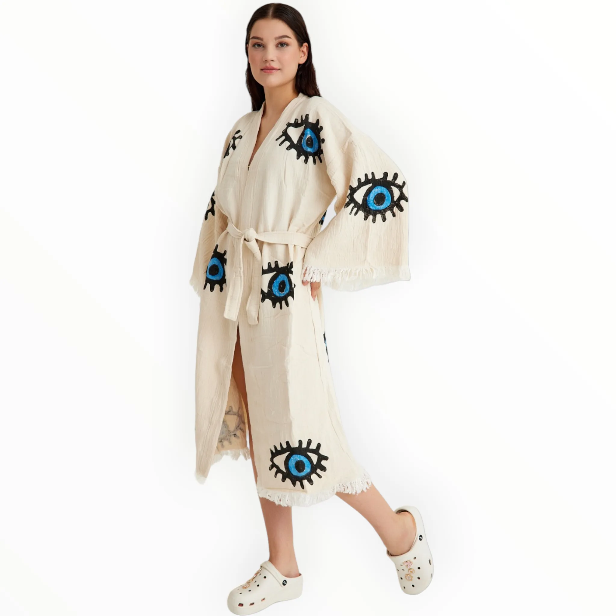 Turkish Towel Kimono Bathrobe Blue Evil Eye Design Natural