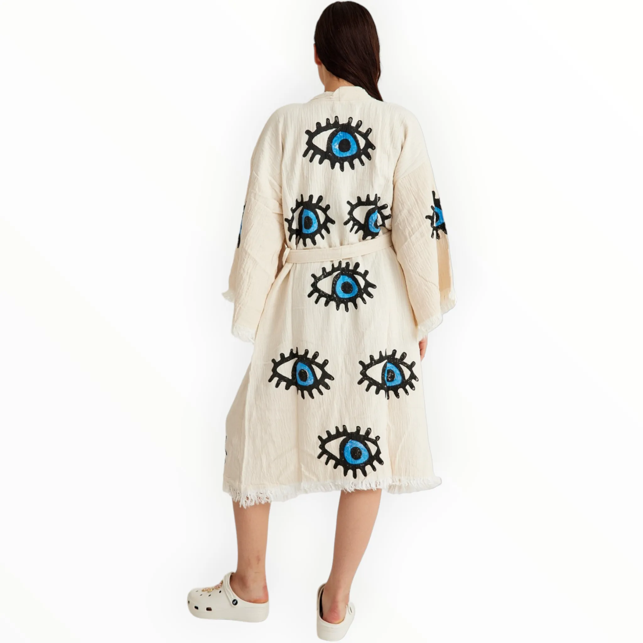 Turkish Towel Kimono Bathrobe Blue Evil Eye Design Natural