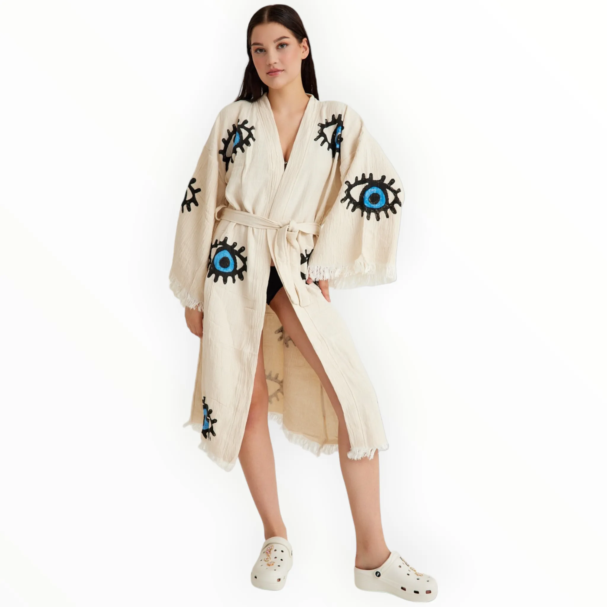 Turkish Towel Kimono Bathrobe Blue Evil Eye Design Natural